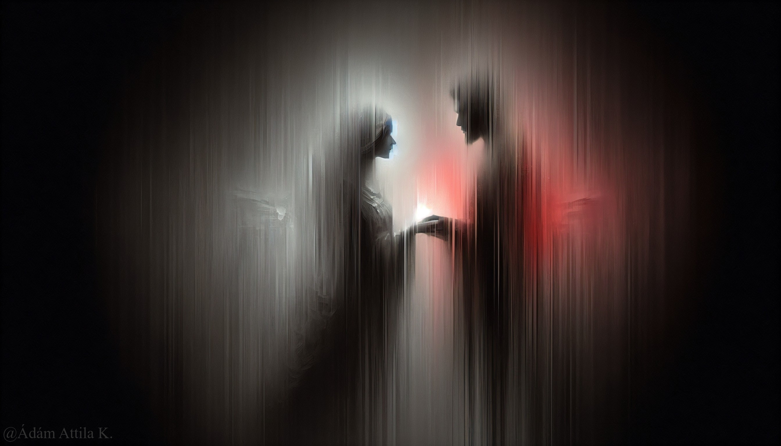 Ethereal Scene of Two Figures Exchanging a Glowing Object
