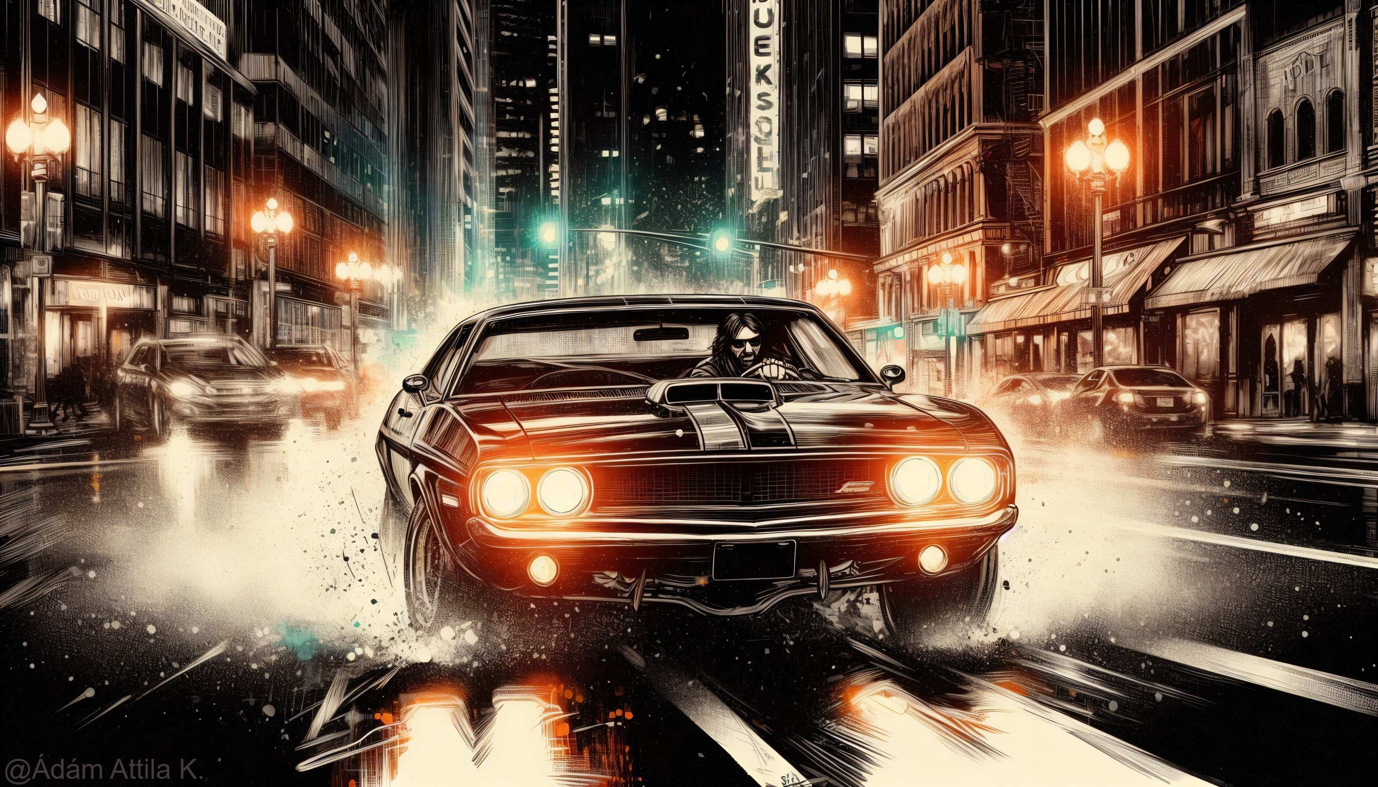 Muscle Car in Vibrant Cityscape at Night