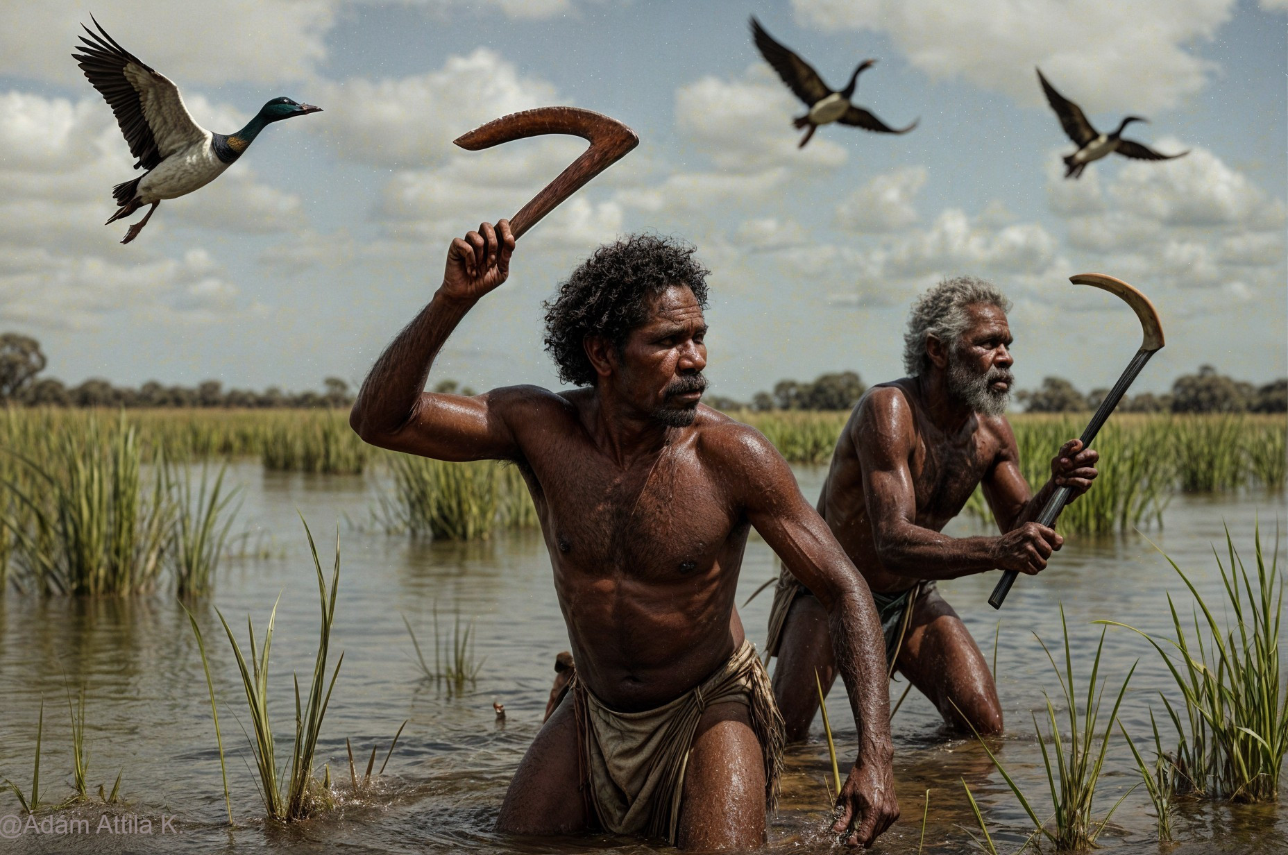 Indigenous men in wetland using traditional tools