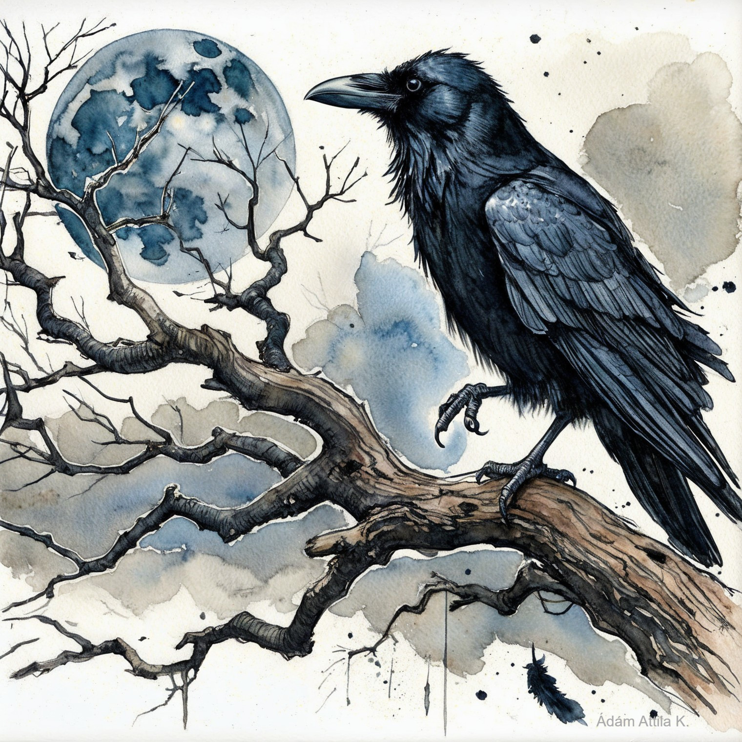 Watercolor Illustration of a Raven Under a Full Moon