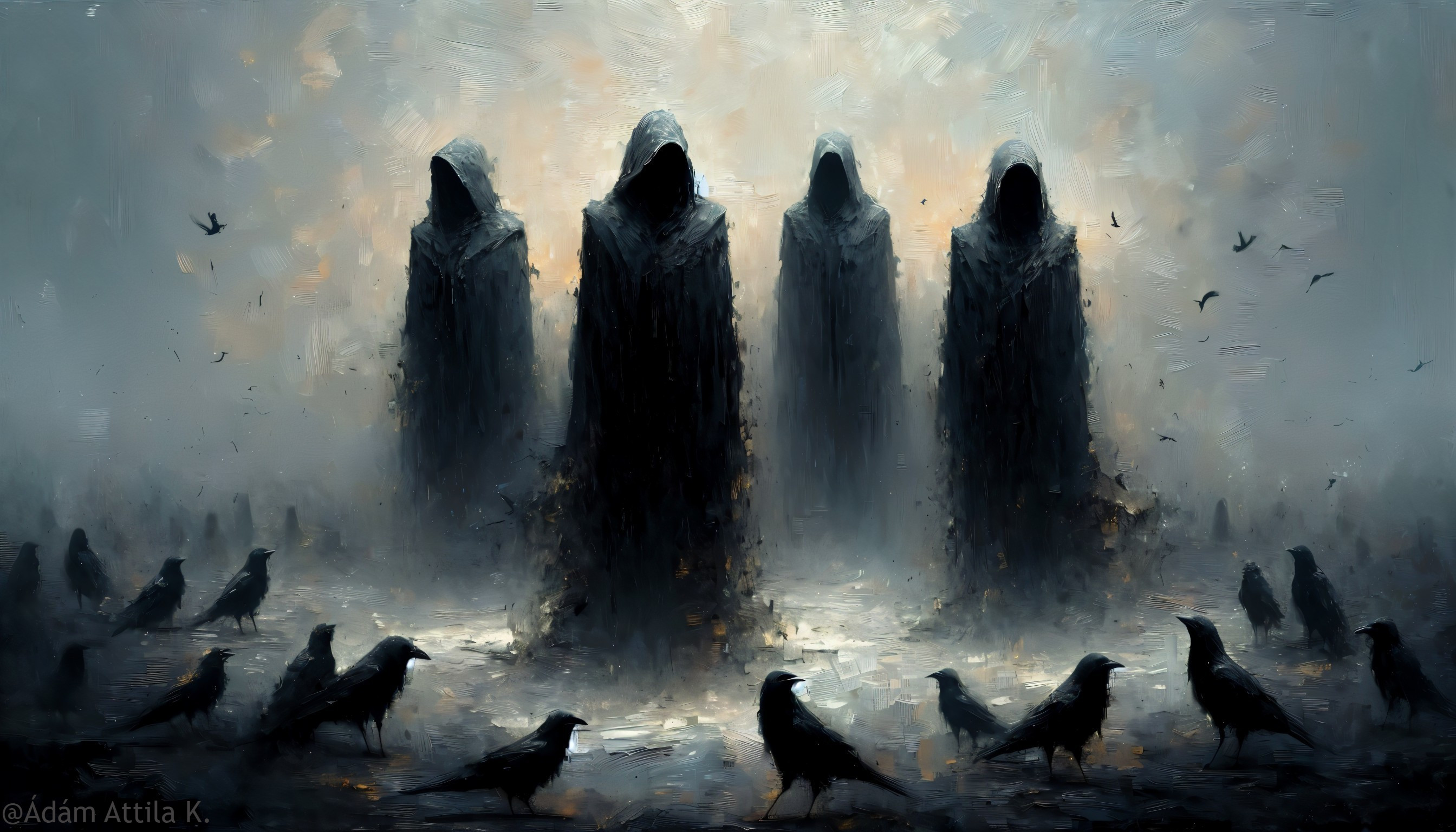 Shadowy Figures in Foggy Landscape with Crows
