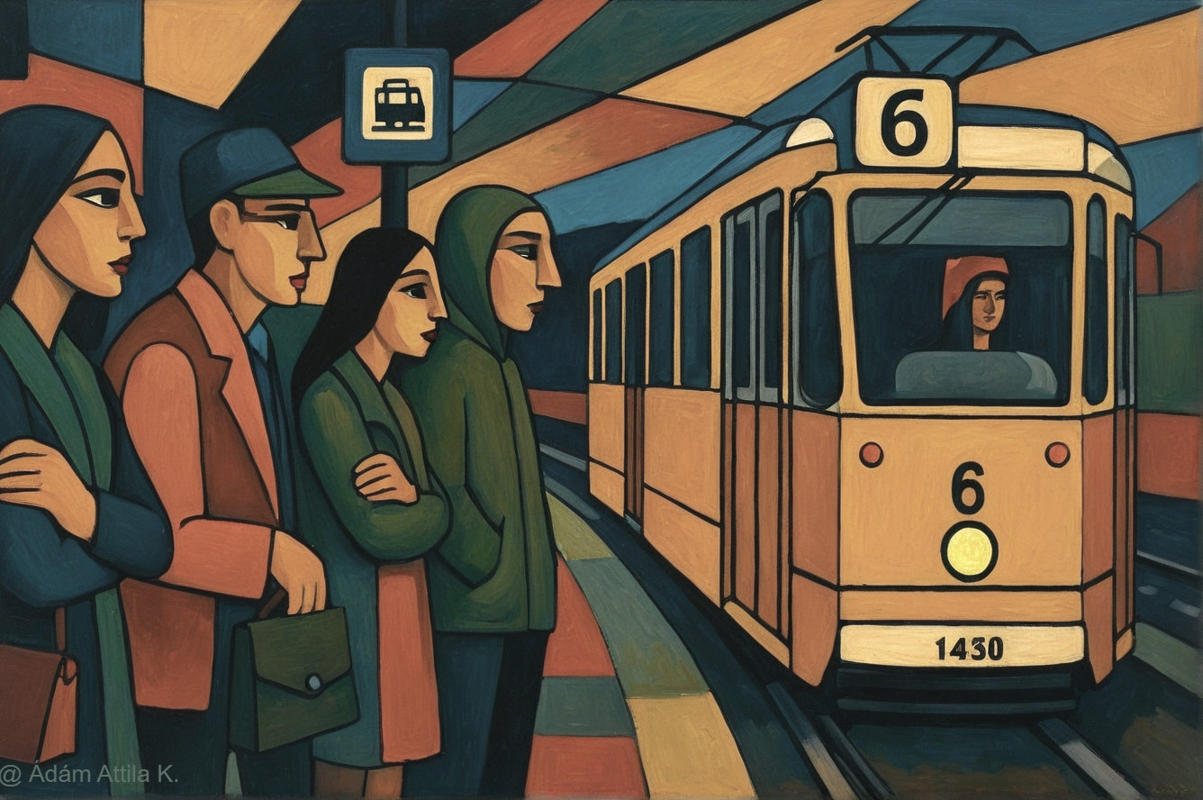 Vibrant Urban Scene at a Tram Station with People