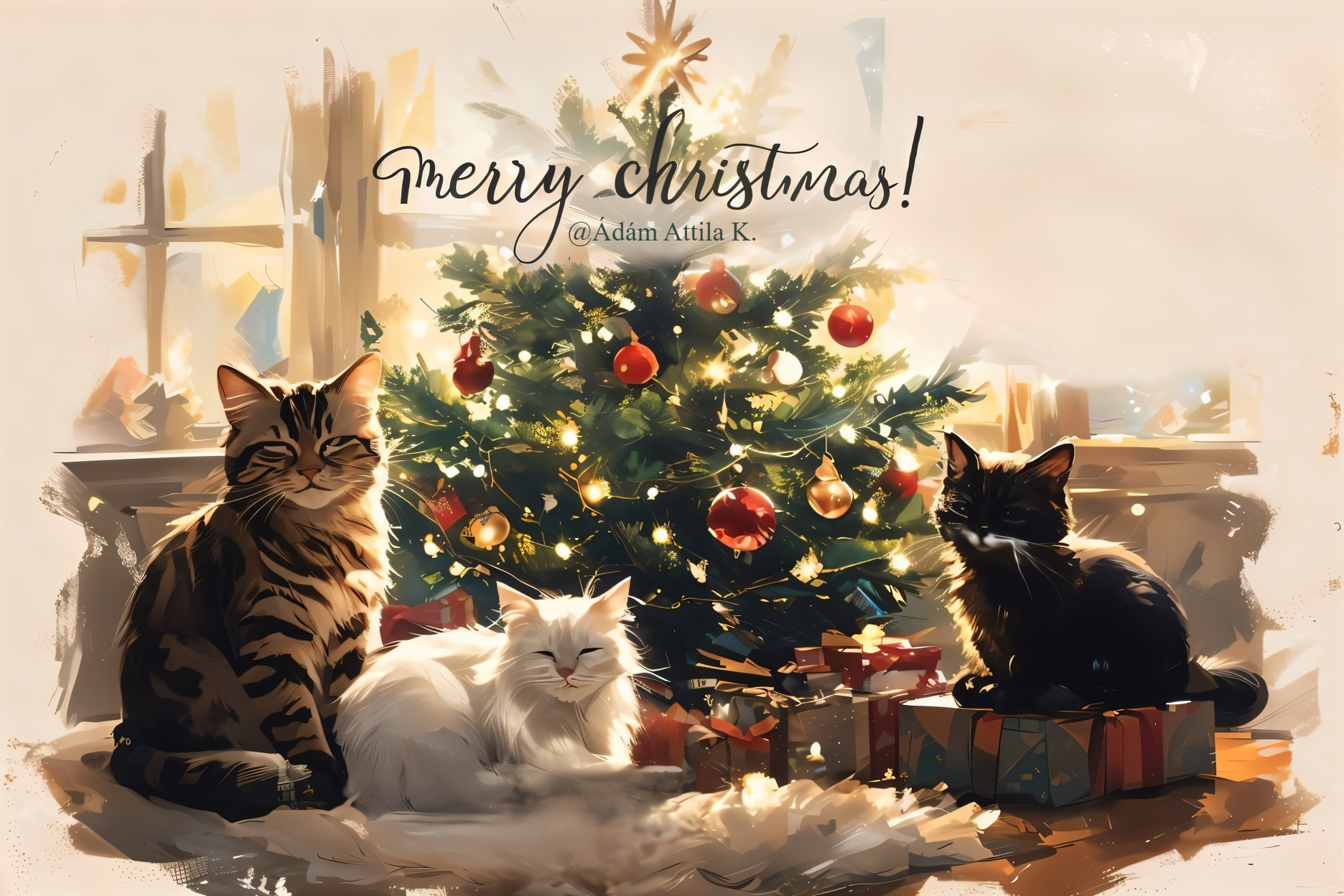 Three Cats by a Christmas Tree in Painterly Style