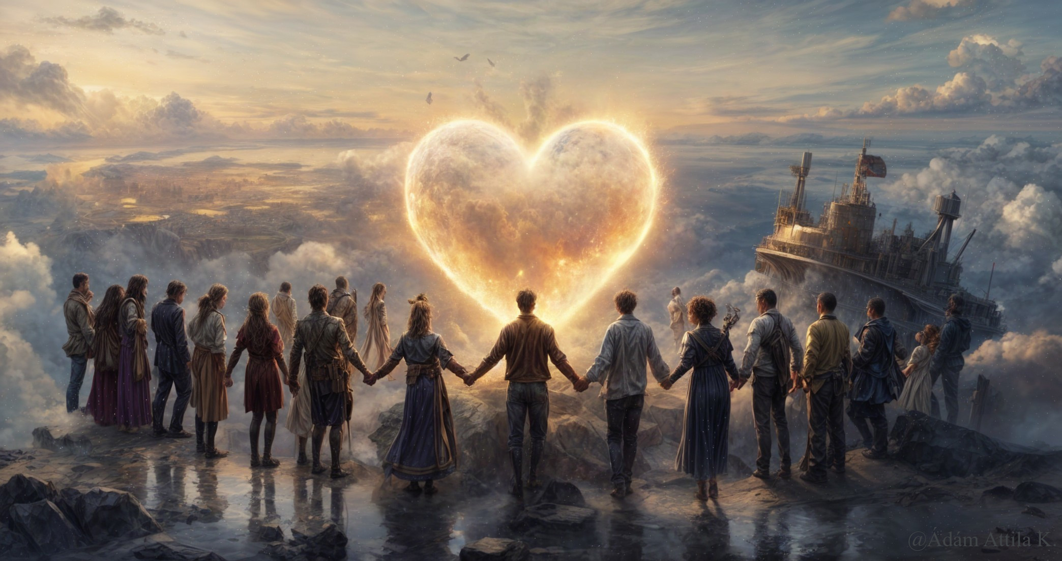 Group Holding Hands on Cliff with Heart-Shaped Cloud