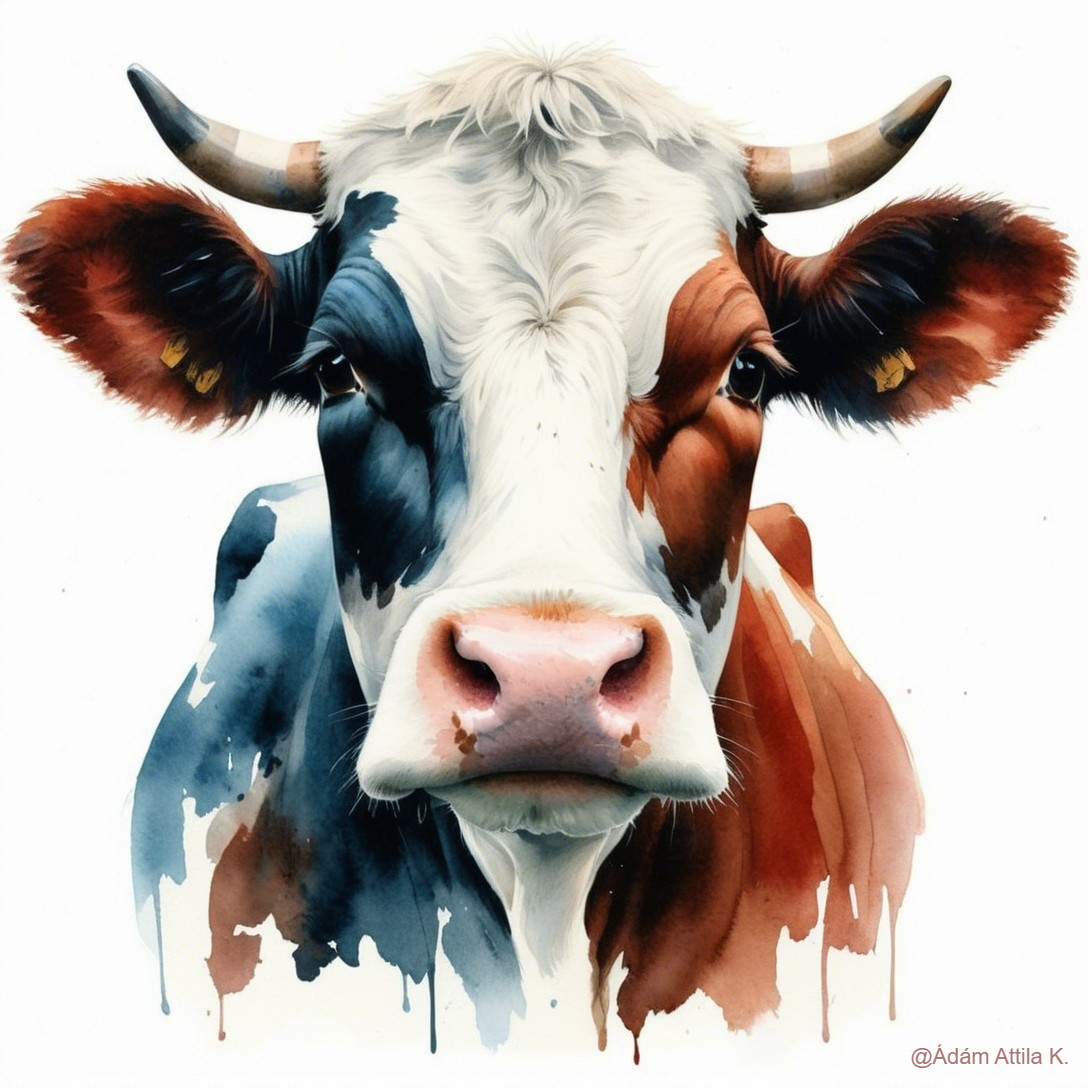 Close-up Illustration of a Cow's Face with Watercolor
