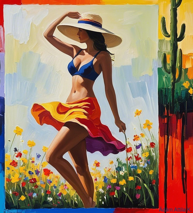 Colorful Painting of Woman in Bikini and Flowers