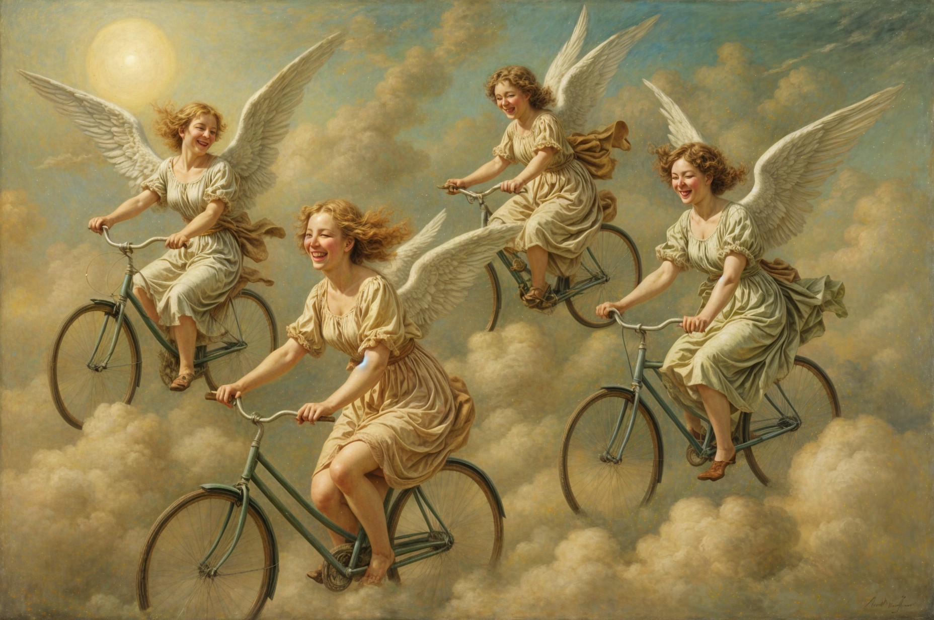 Joyful figures with wings riding bicycles in clouds