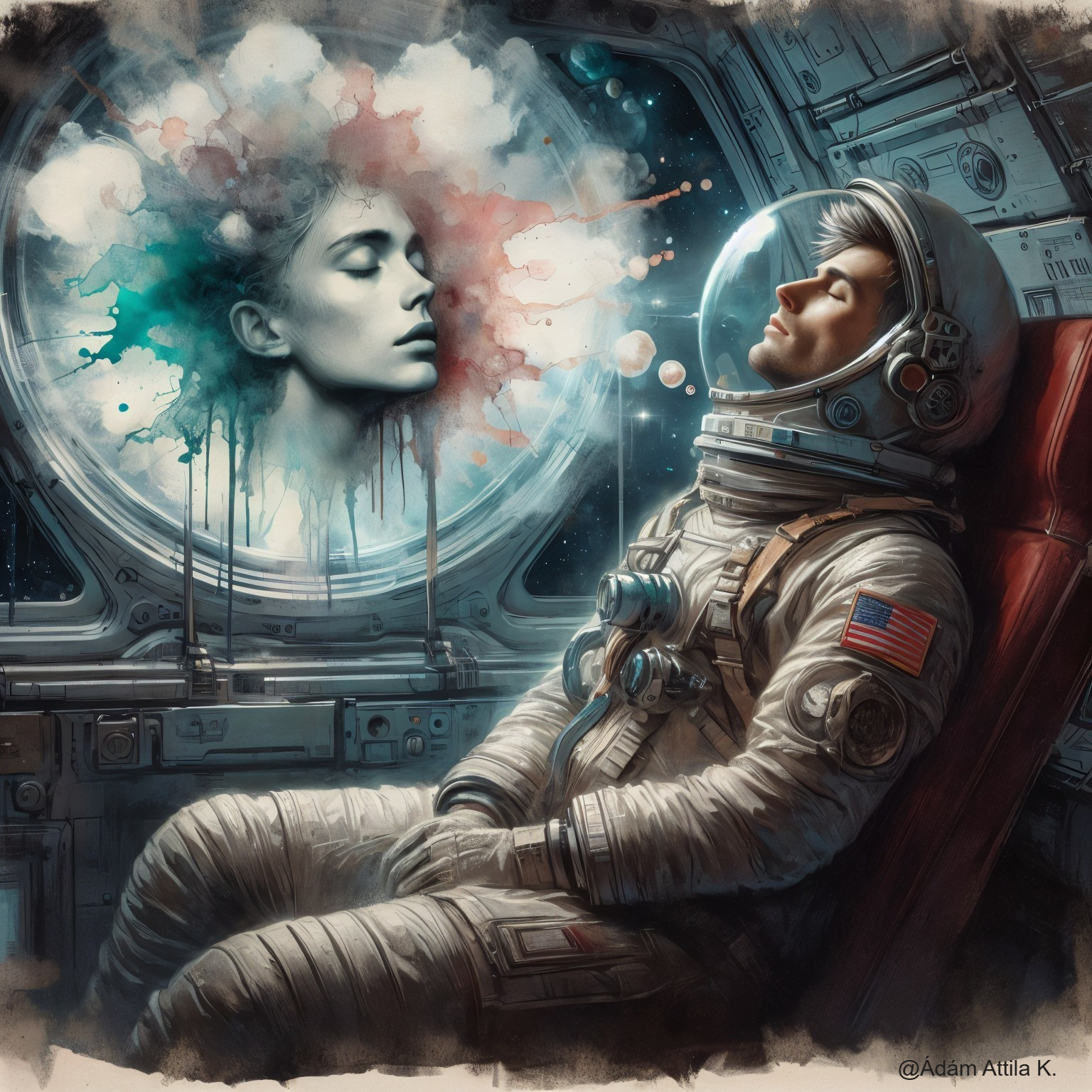 Surreal Space Scene with Astronaut and Dreamlike Face
