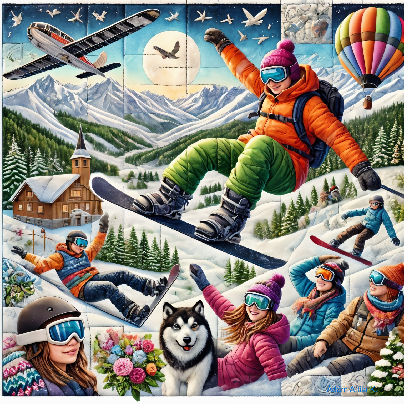 Vibrant Winter Scene with Snow Sports and Mountains