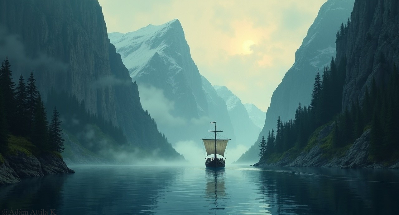 Lone Ship in Misty Fjord Surrounded by Snowy Mountains