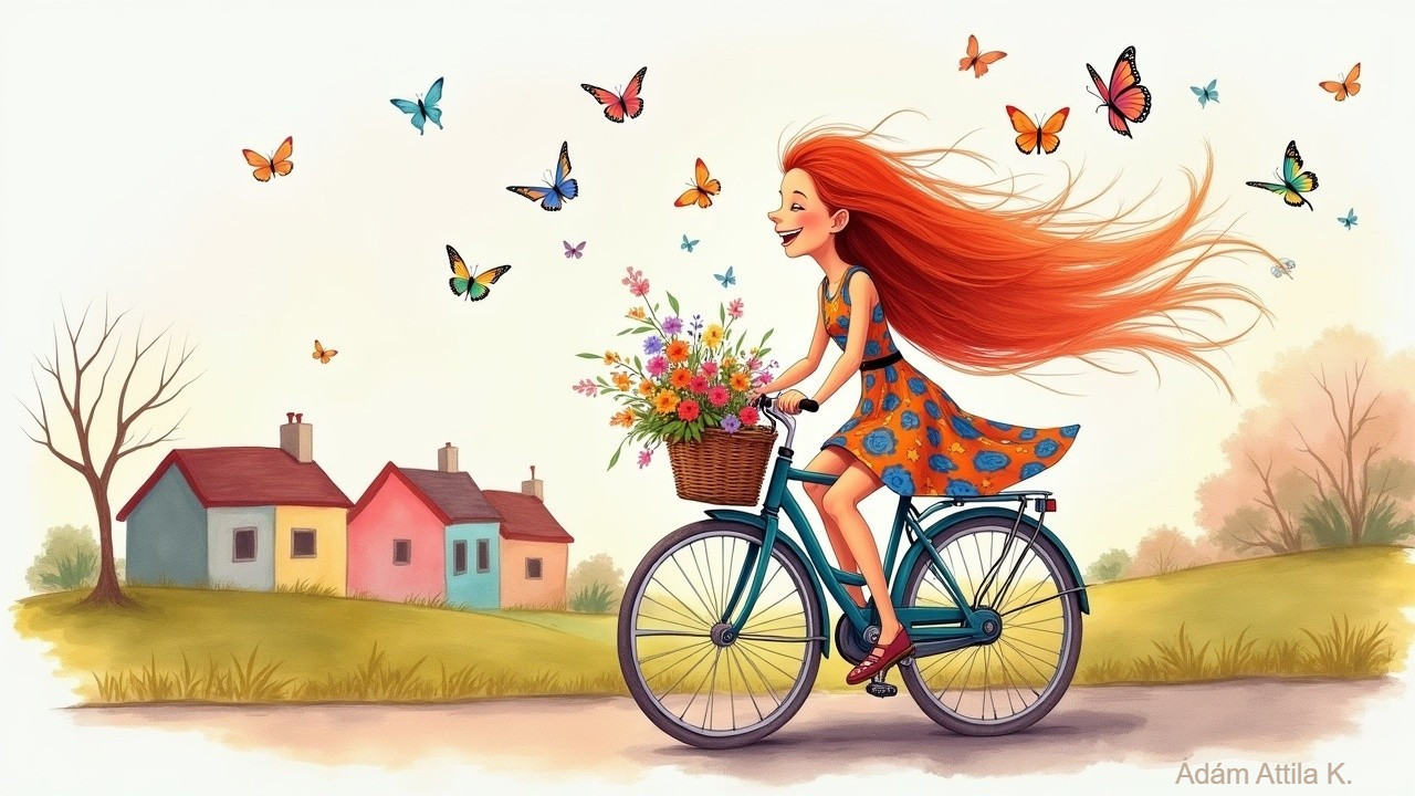 Cheerful girl on bicycle with flowers and butterflies