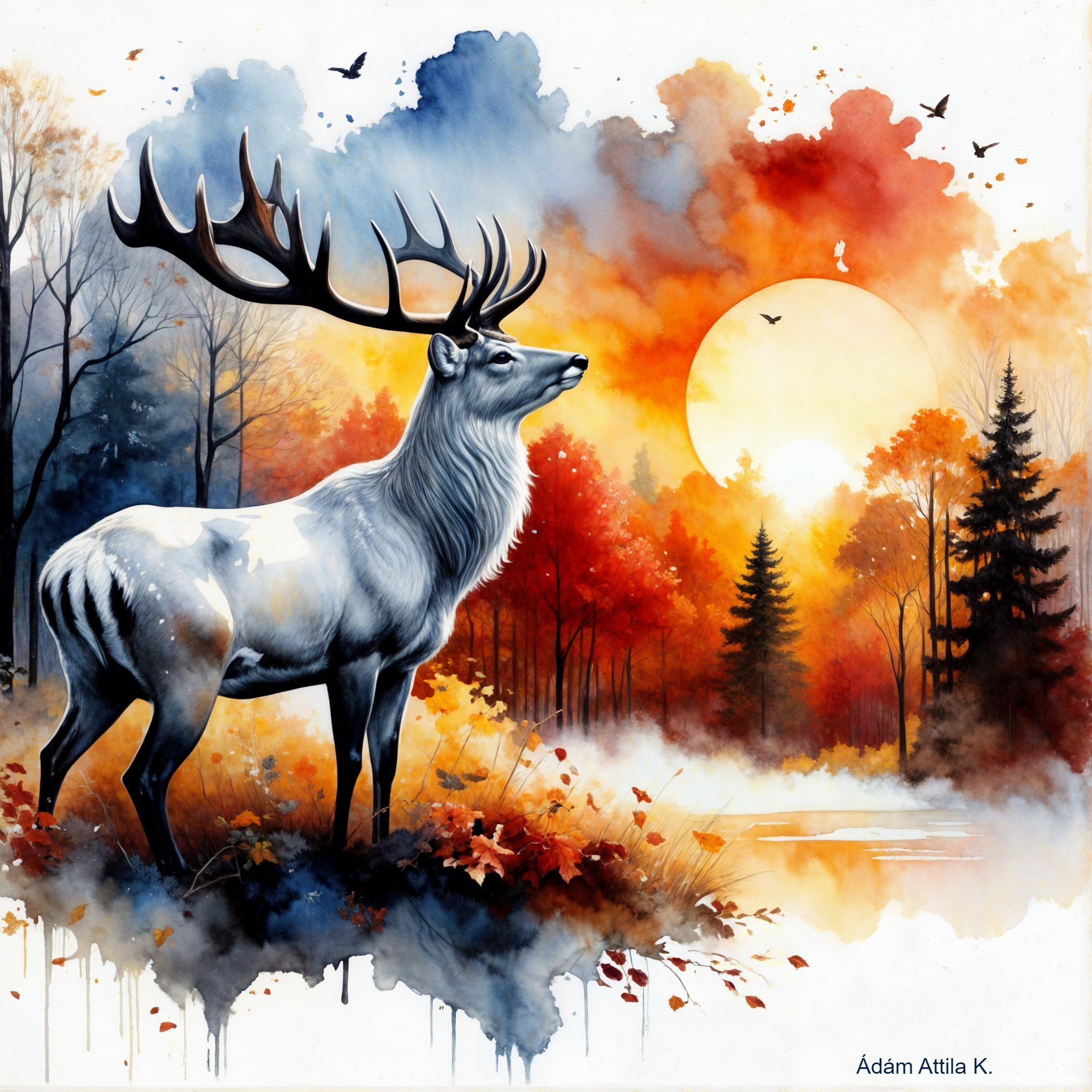 White Stag in Vibrant Autumn Landscape at Sunset