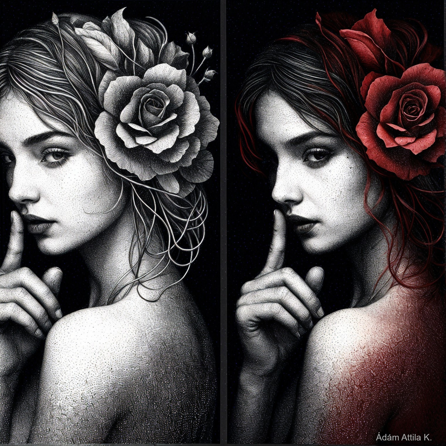 Split Portrait of a Young Woman in Black, White, and Red