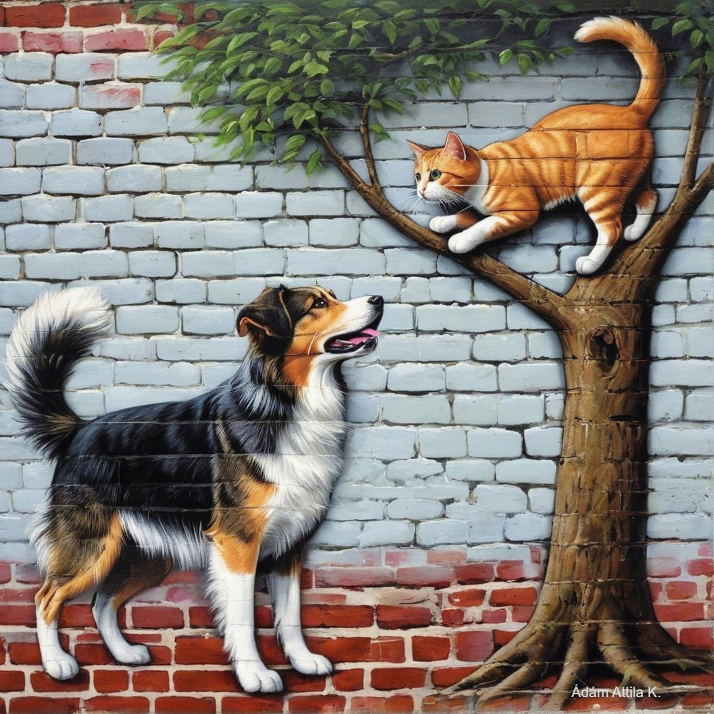 Vibrant mural of dog and cat on textured brick wall