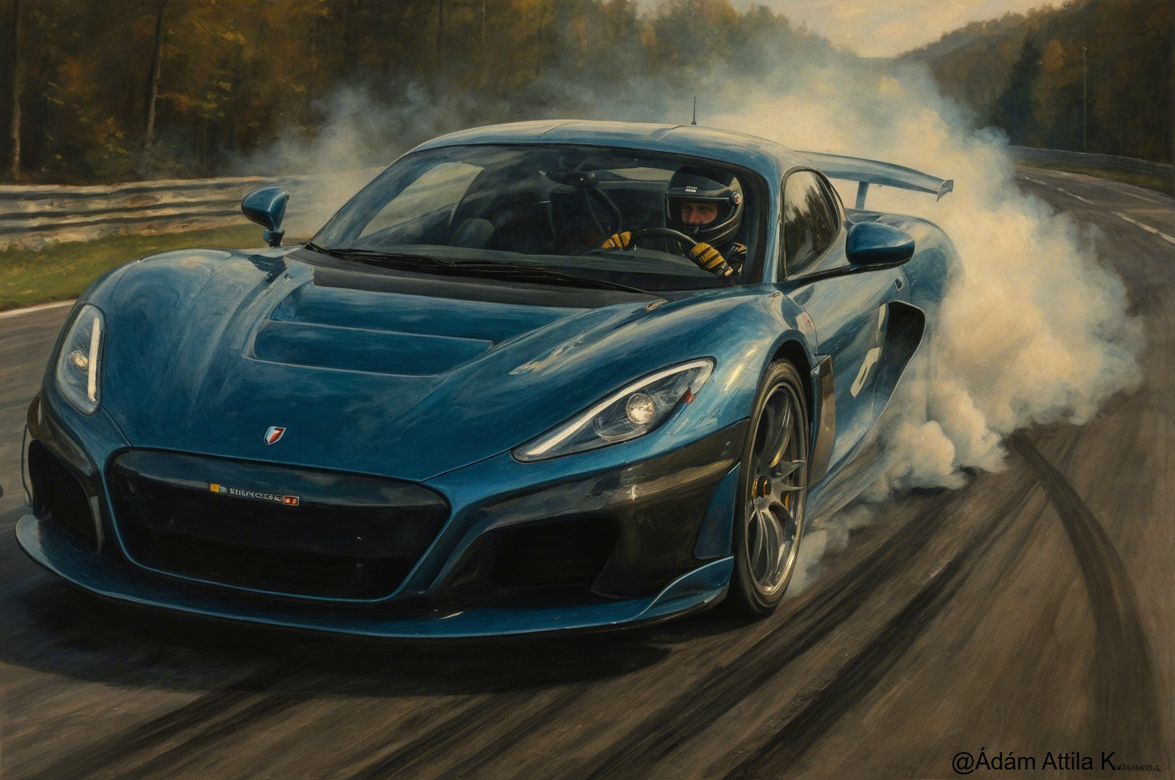 Blue Hypercar Drifting on Racetrack with Tire Smoke