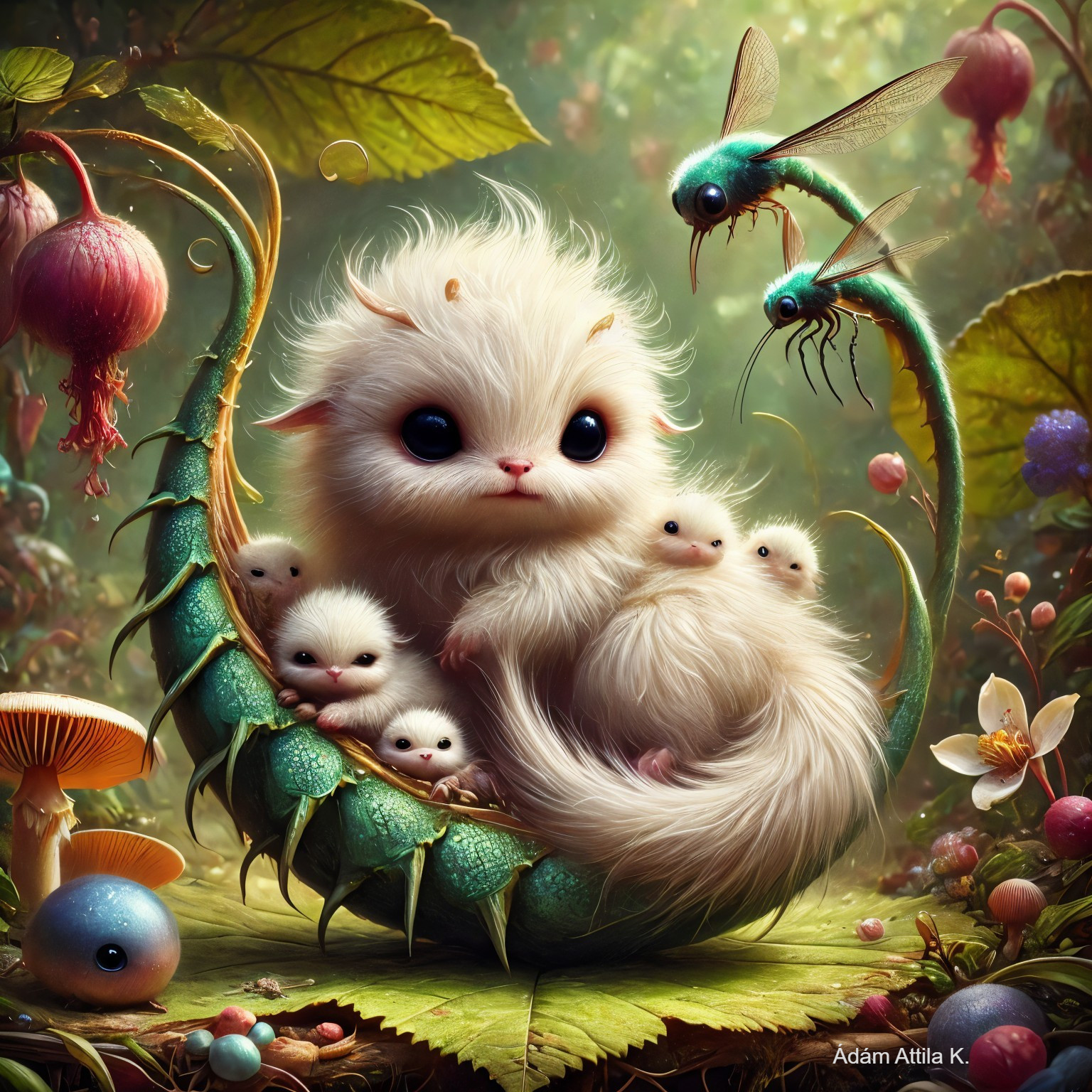 Whimsical Forest Scene with Cat-like Creature and Insects
