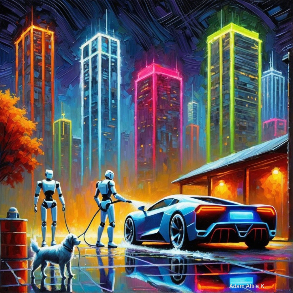Humanoid Robots Washing Sports Car in Neon City