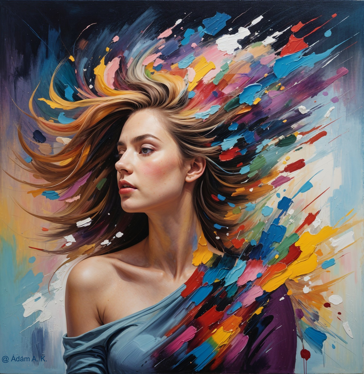 Vibrant Artwork of a Serene Woman with Colorful Hair