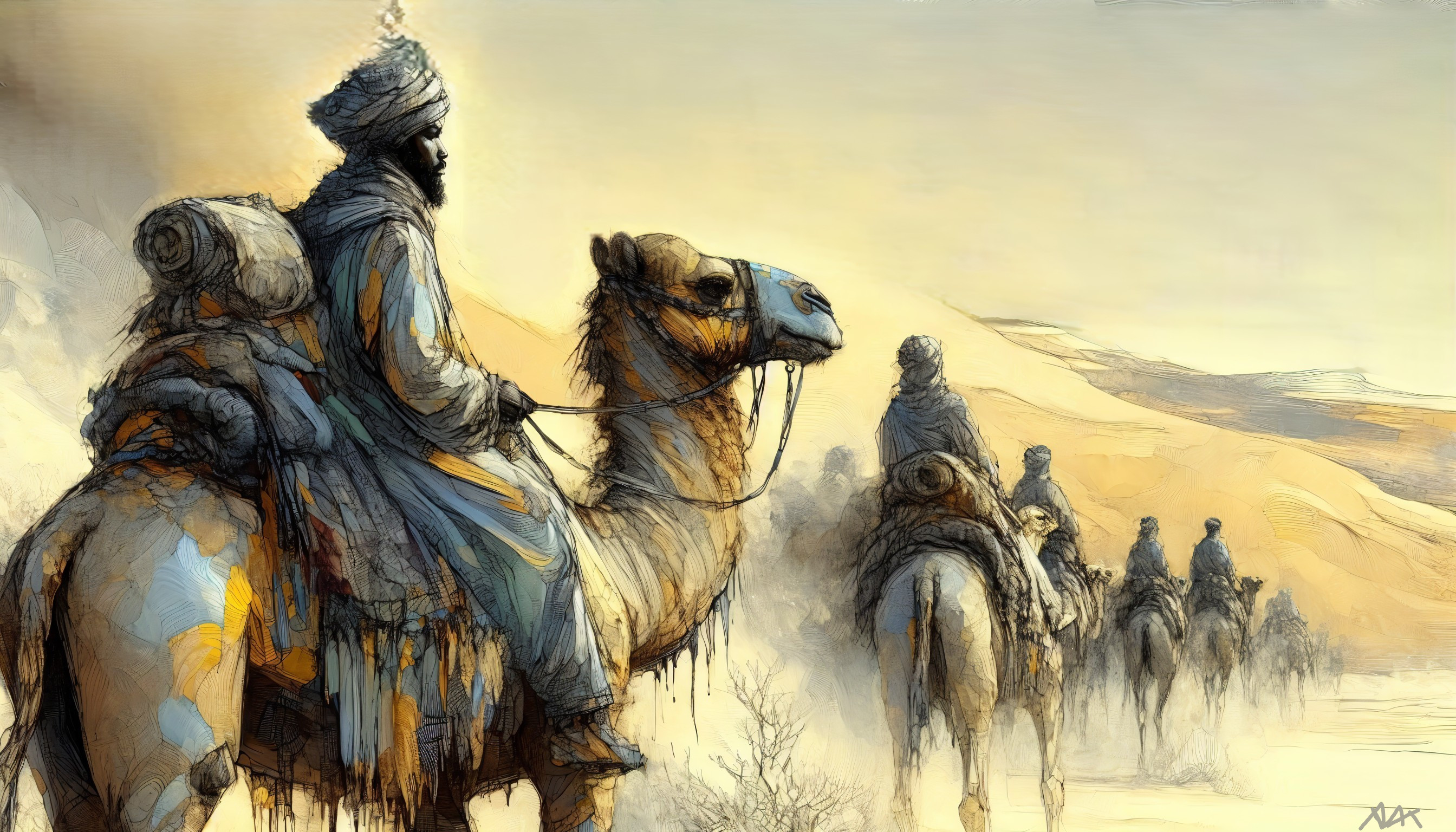 Desert Travelers Riding Camels in Sandy Landscape