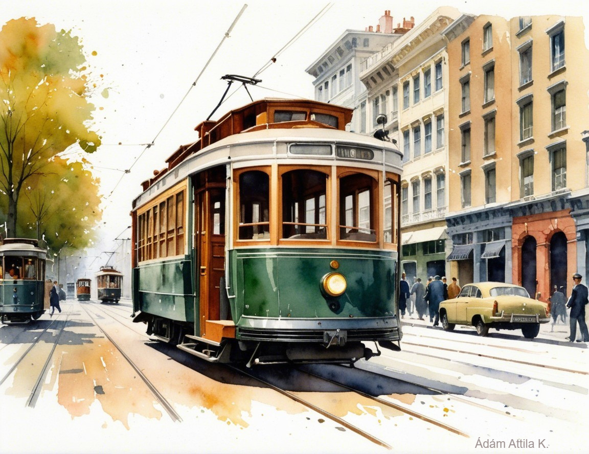 Vintage Tram in Historic Street Scene with Pedestrians