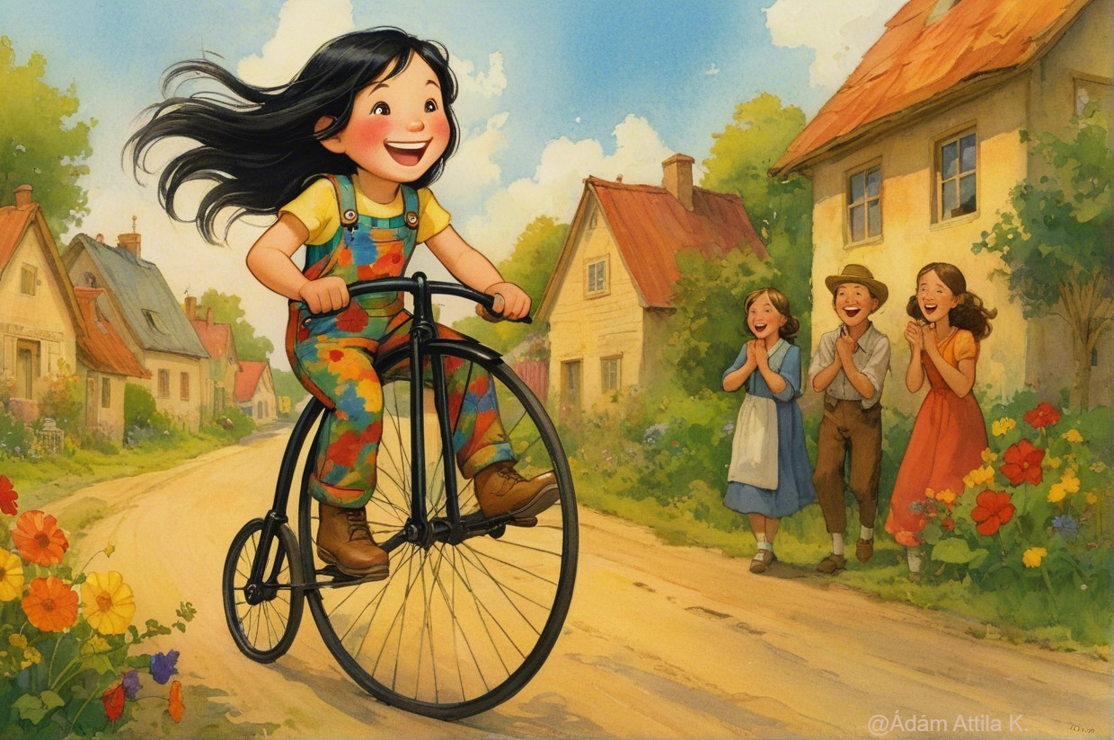 Joyful girl cycling on a sunny flower-lined road