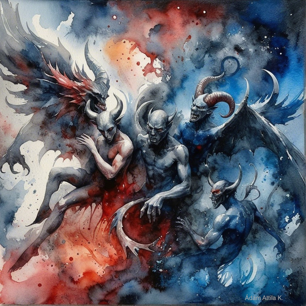 Dramatic Artwork Featuring Five Demon-Like Figures