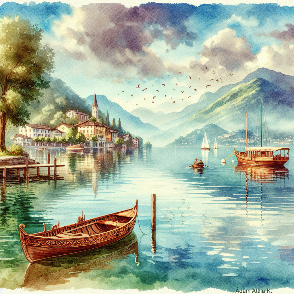 Lakeside Village Surrounded by Lush Mountains and Boats