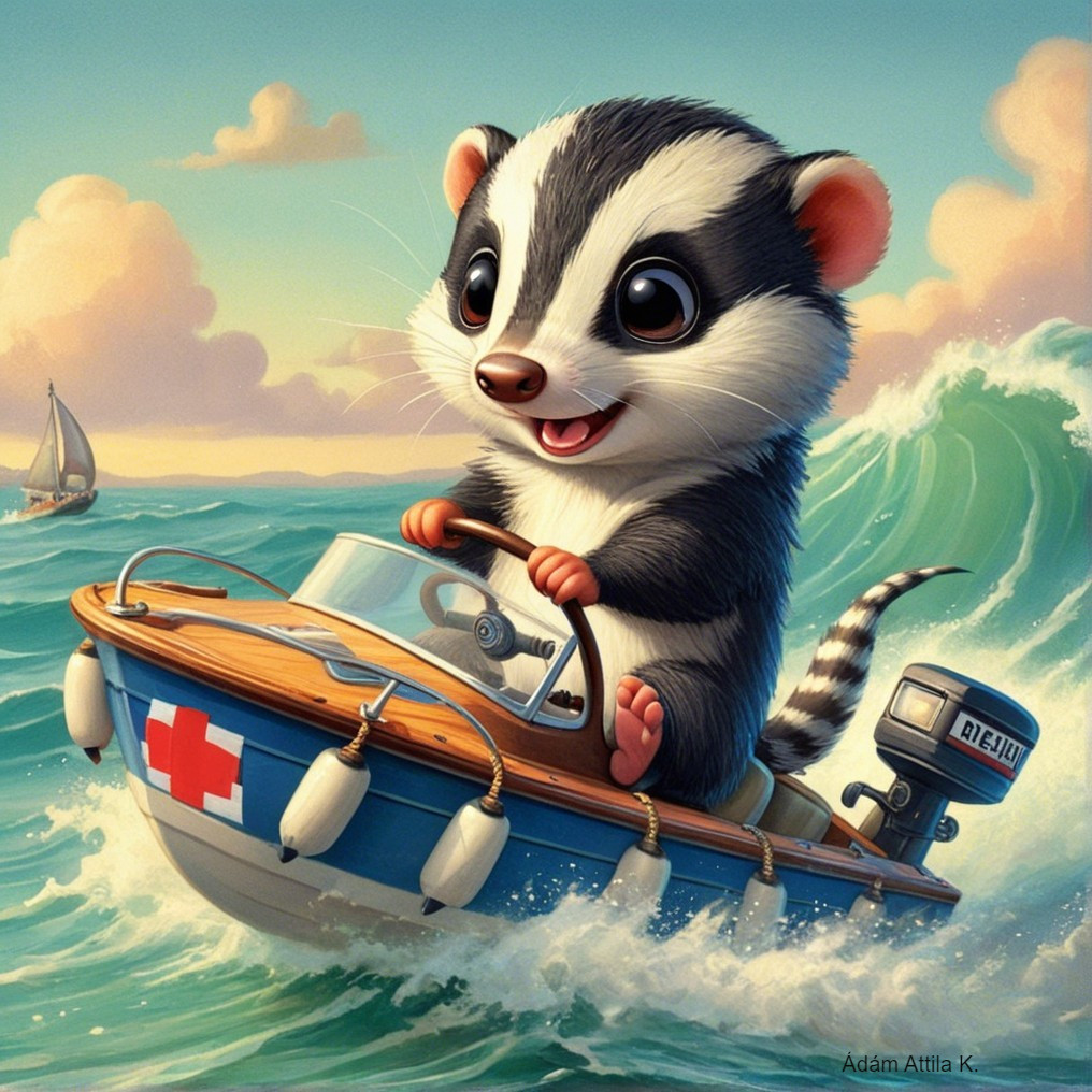 Cartoon Badger Steering Boat in Cheerful Waves