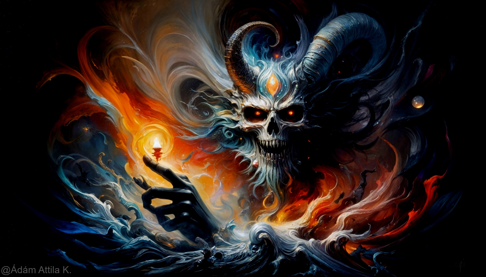 Dark Fantasy Scene with Spectral Horned Figure