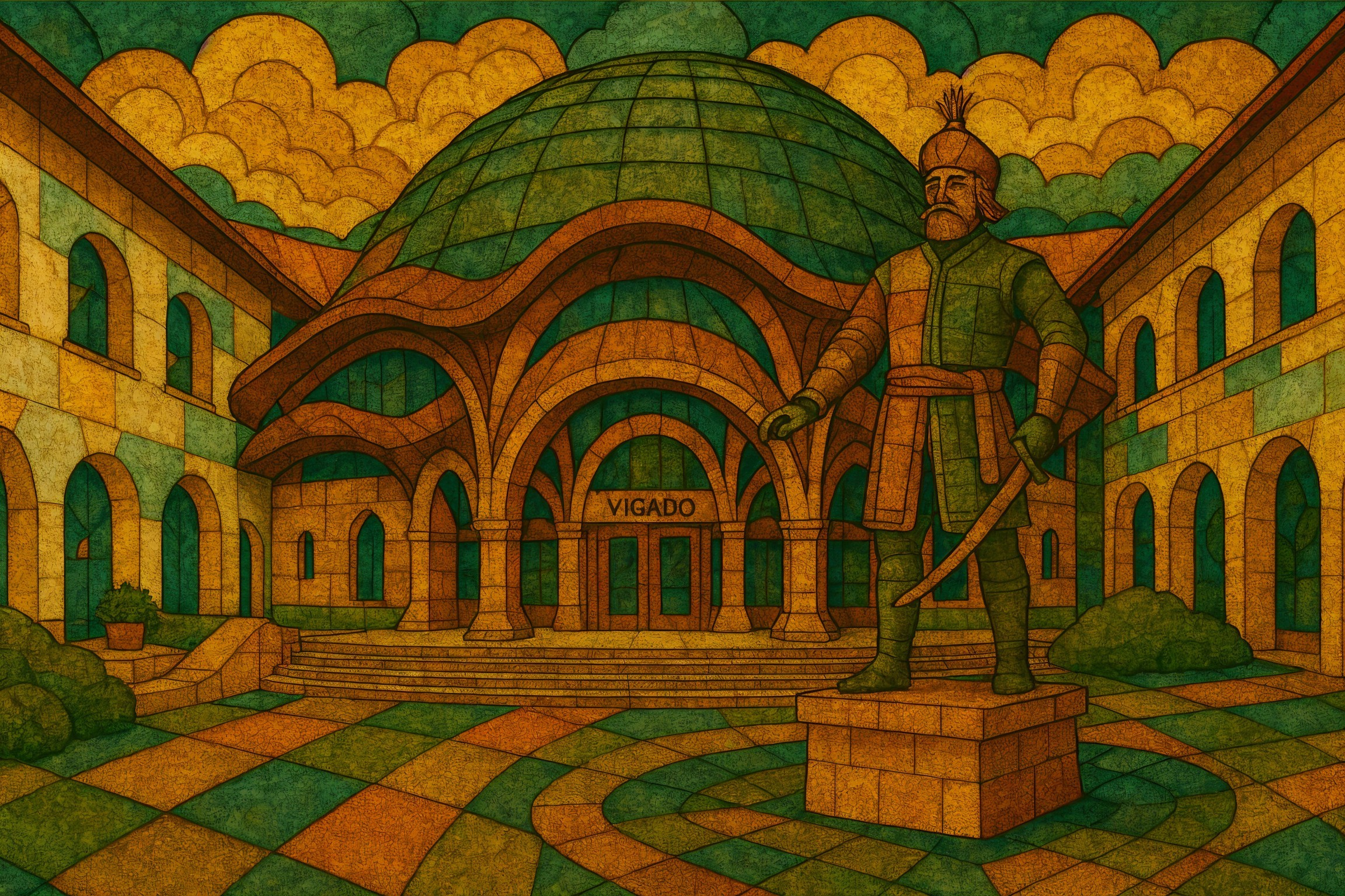 Geometric Illustration of a Grand Courtyard Scene