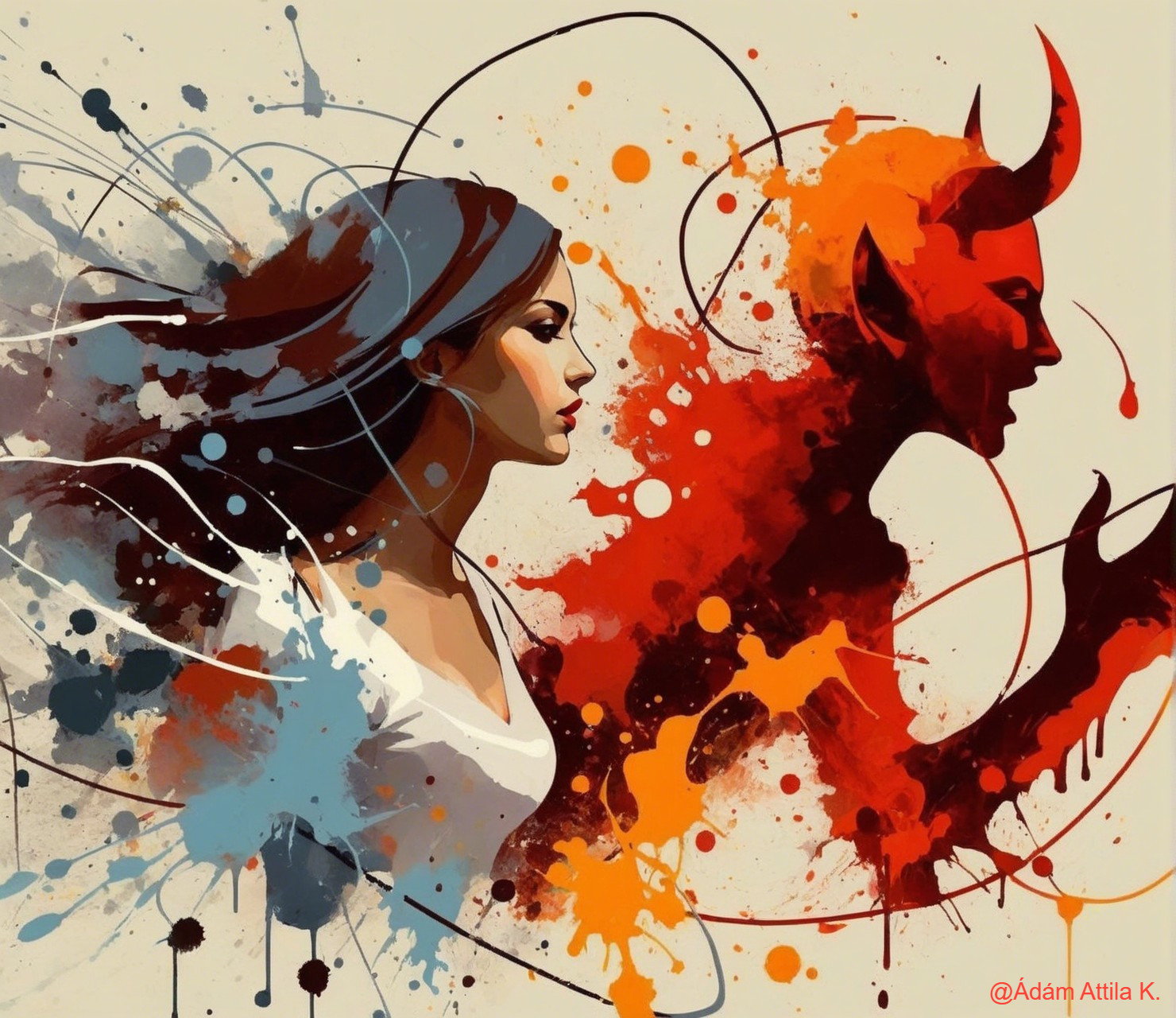 Contrast of Serene Woman and Fiery Devilish Figure