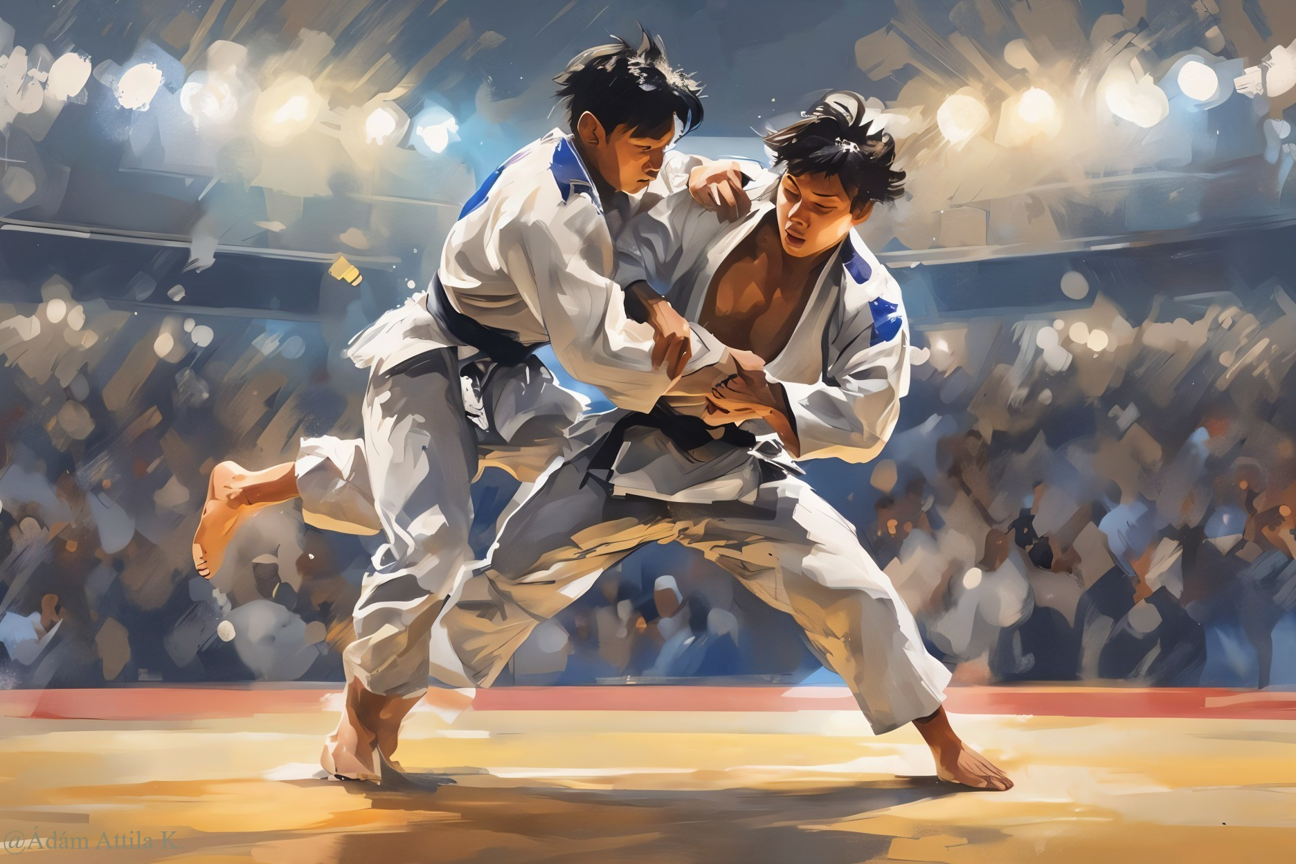 Male Judokas Grappling on Beige Mat in Stadium