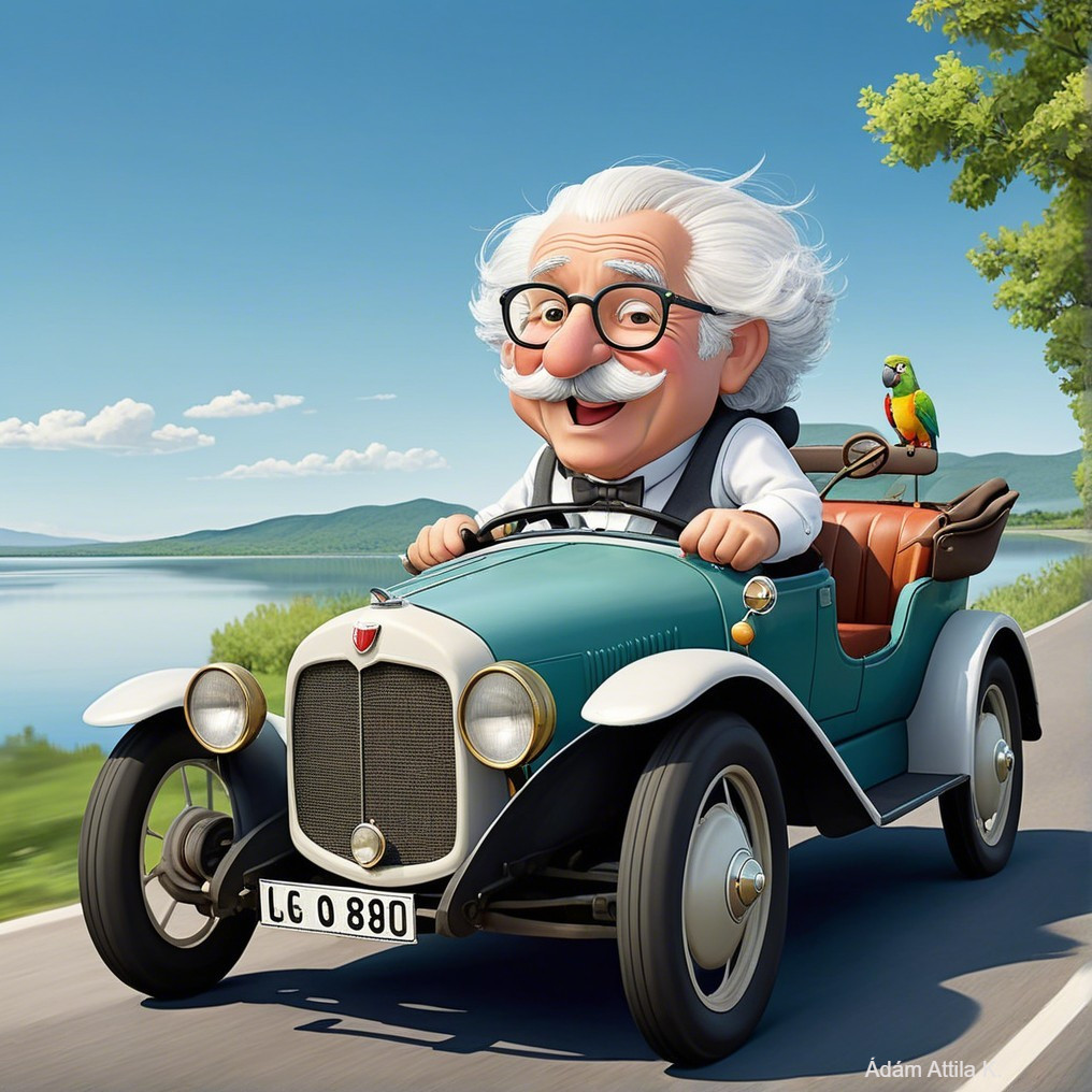 Elderly man with parrot driving vintage car on scenic road