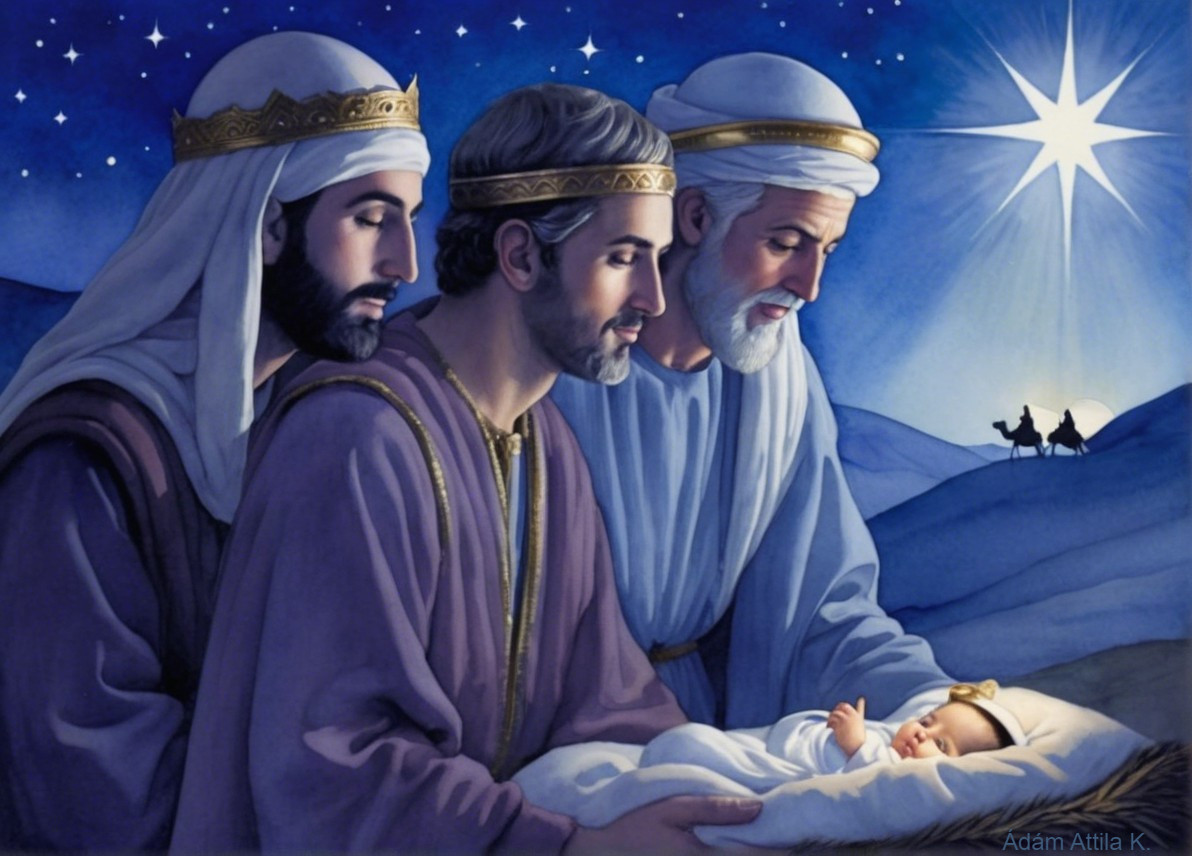 Three Wise Men Adoring Newborn Jesus in Nativity Scene