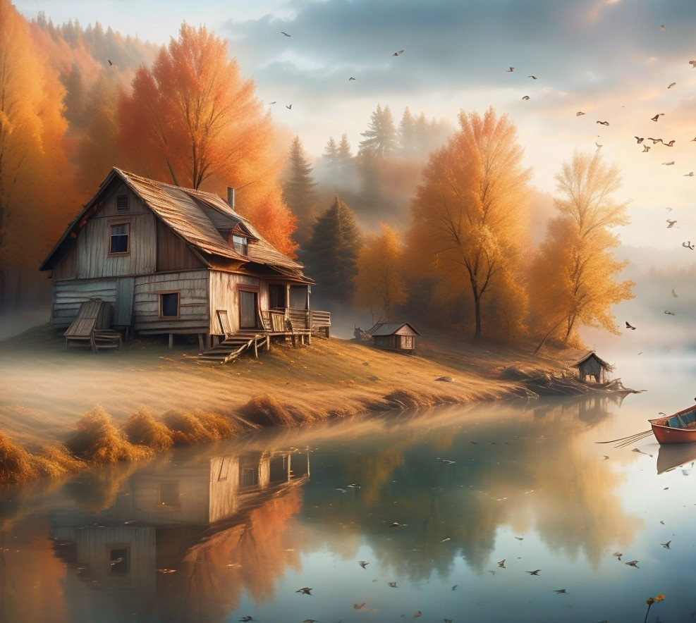 Rustic Cabin by Serene Lake in Autumn Landscape