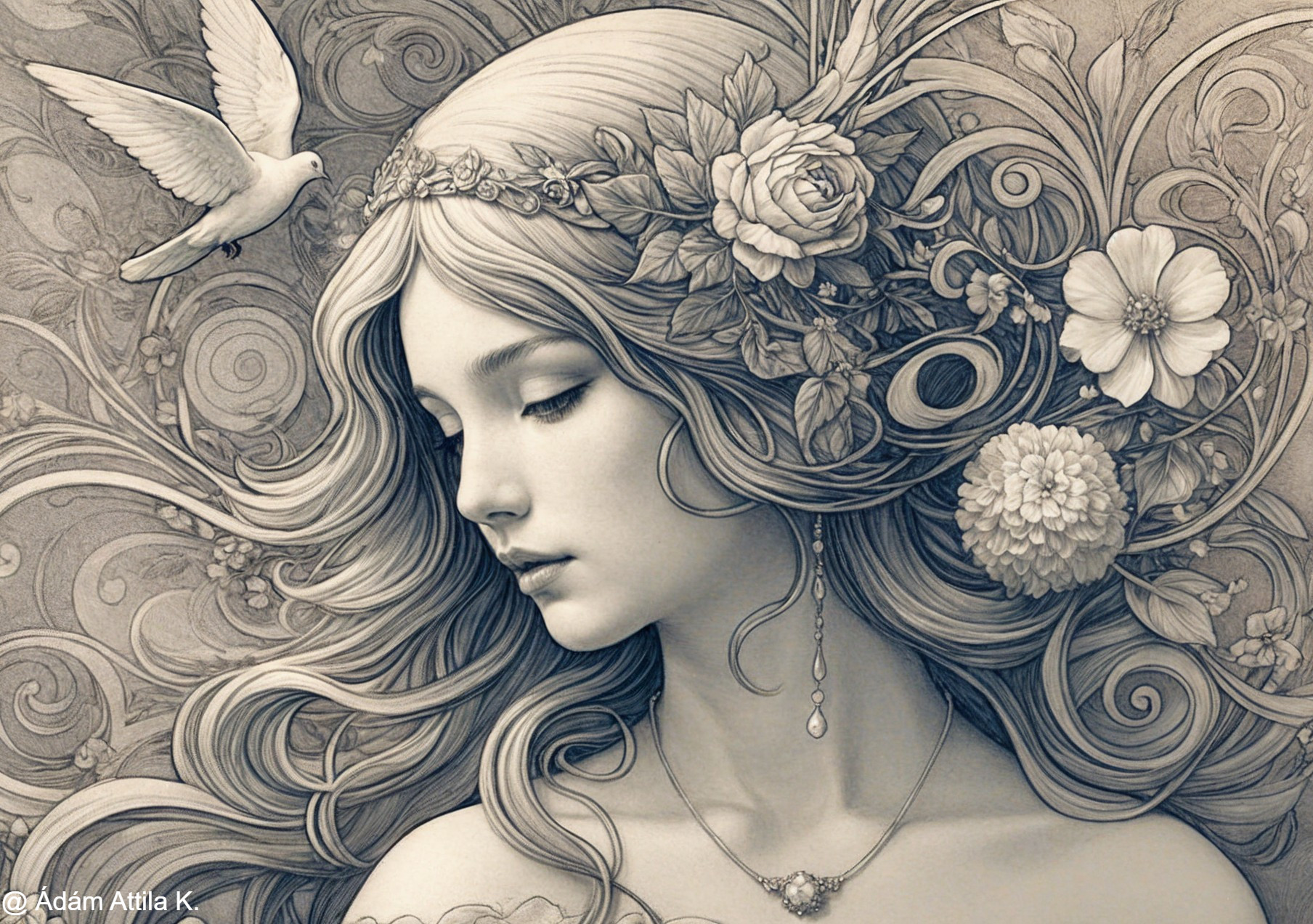 Elegant Woman with Flowers and Serene Dove