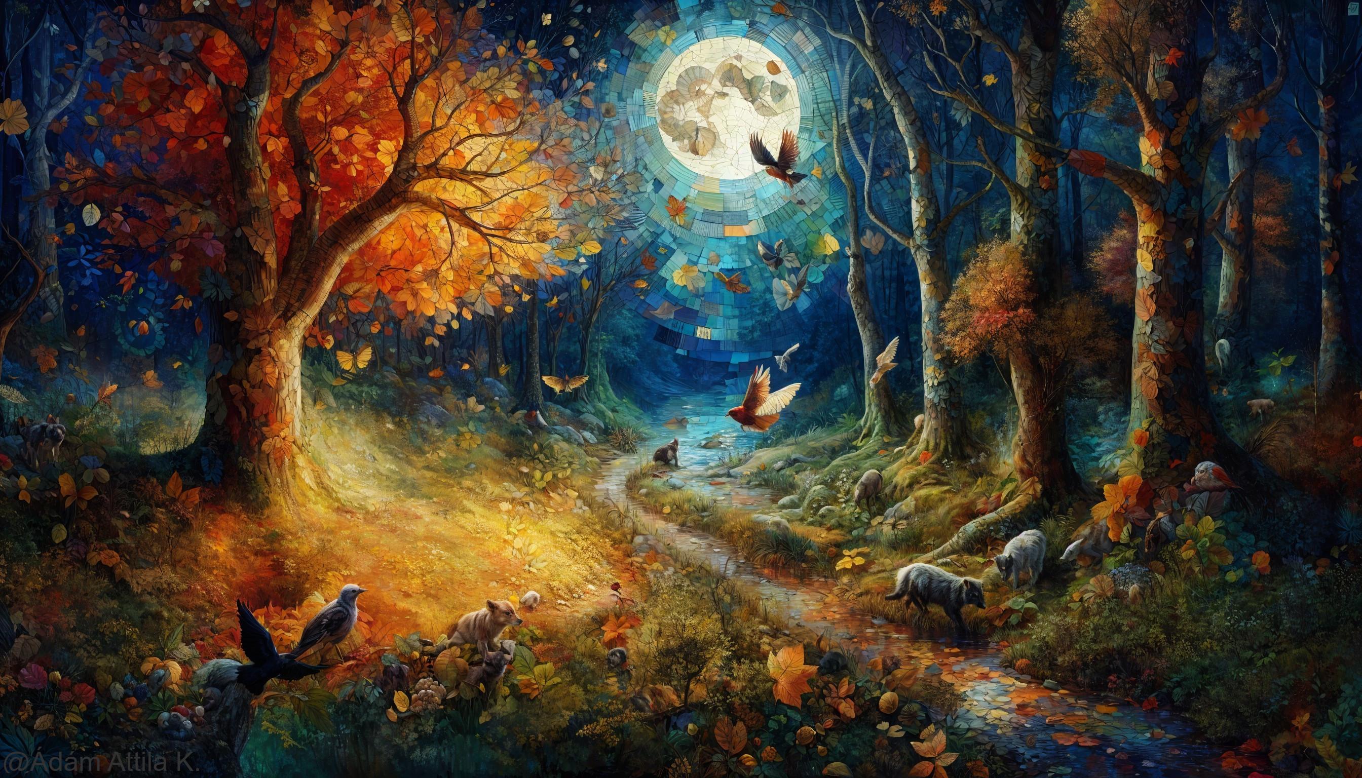 Enchanted Forest Scene with Autumn Colors and Wildlife