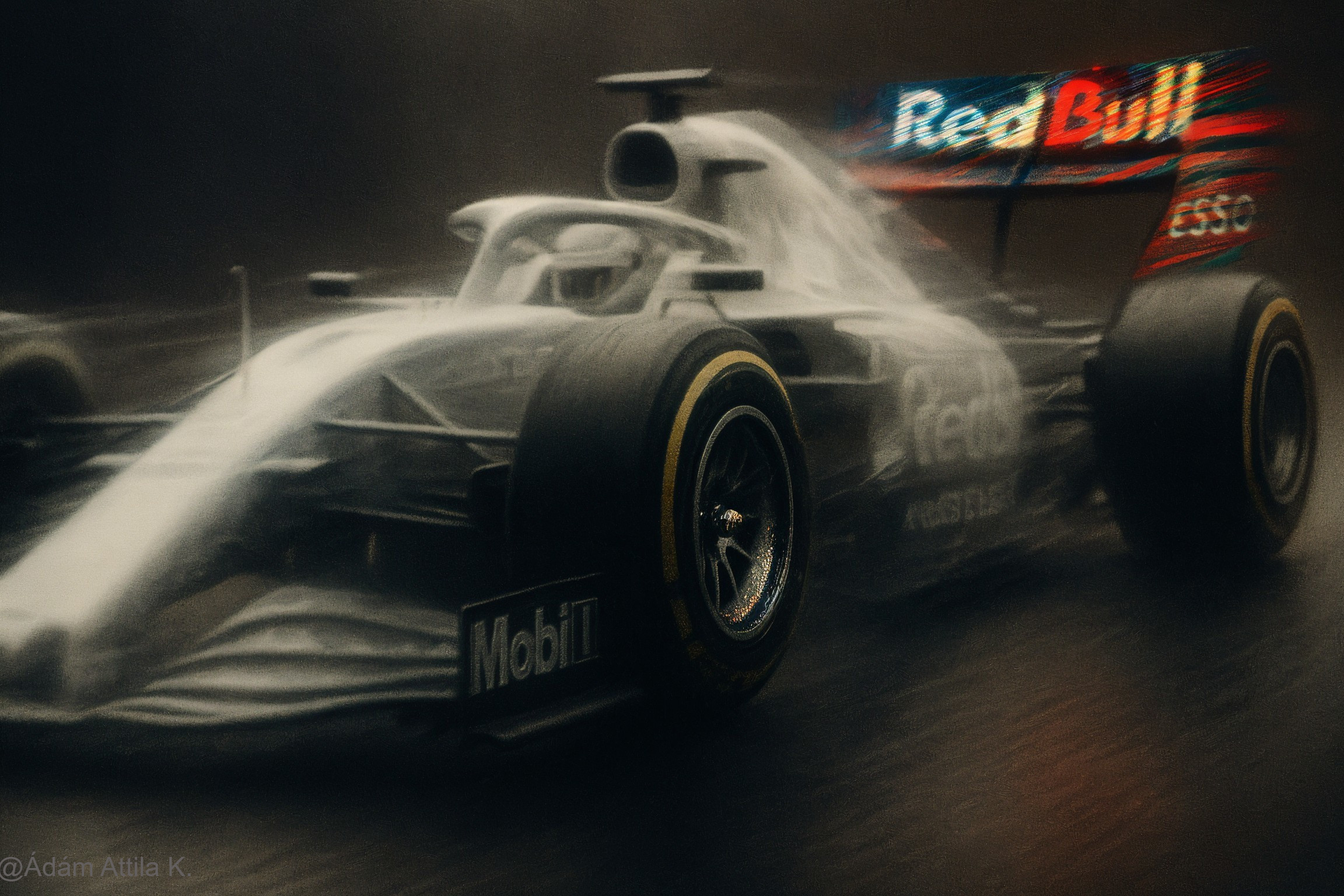 Formula 1 Car Racing in Rainy Conditions