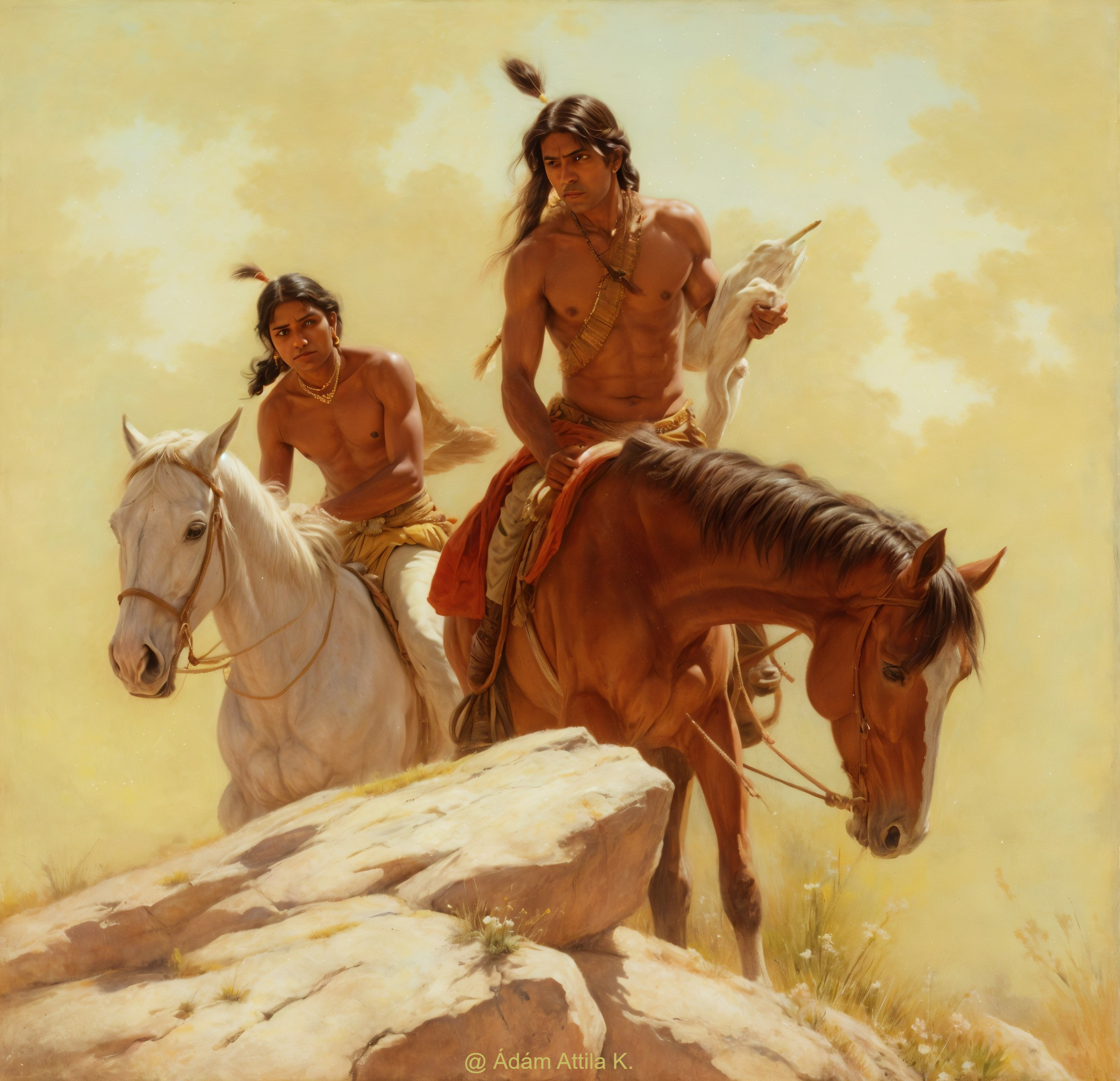 Native American Riders on Horses in Natural Landscape