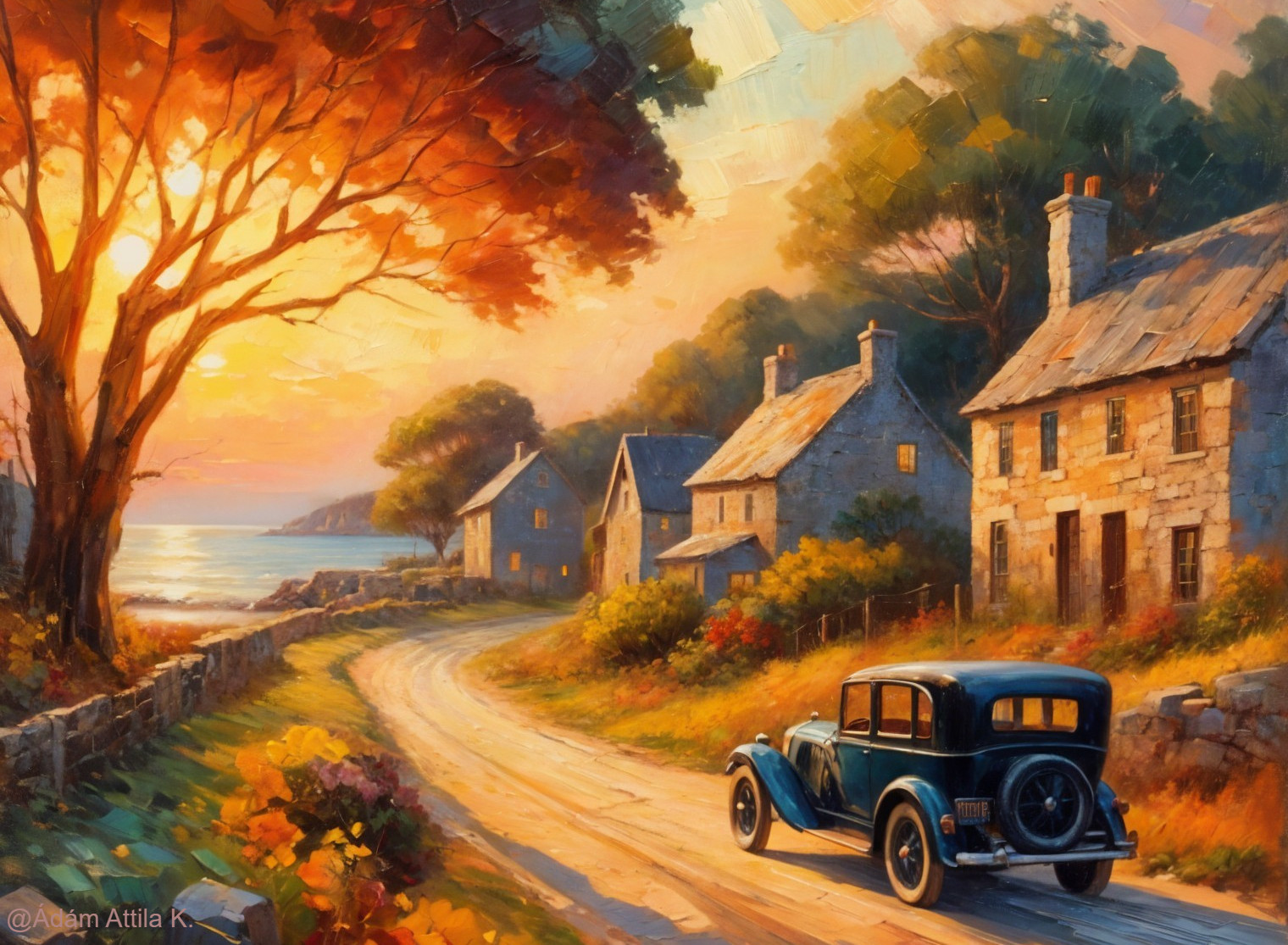 Countryside Scene with Vintage Car and Autumn Trees