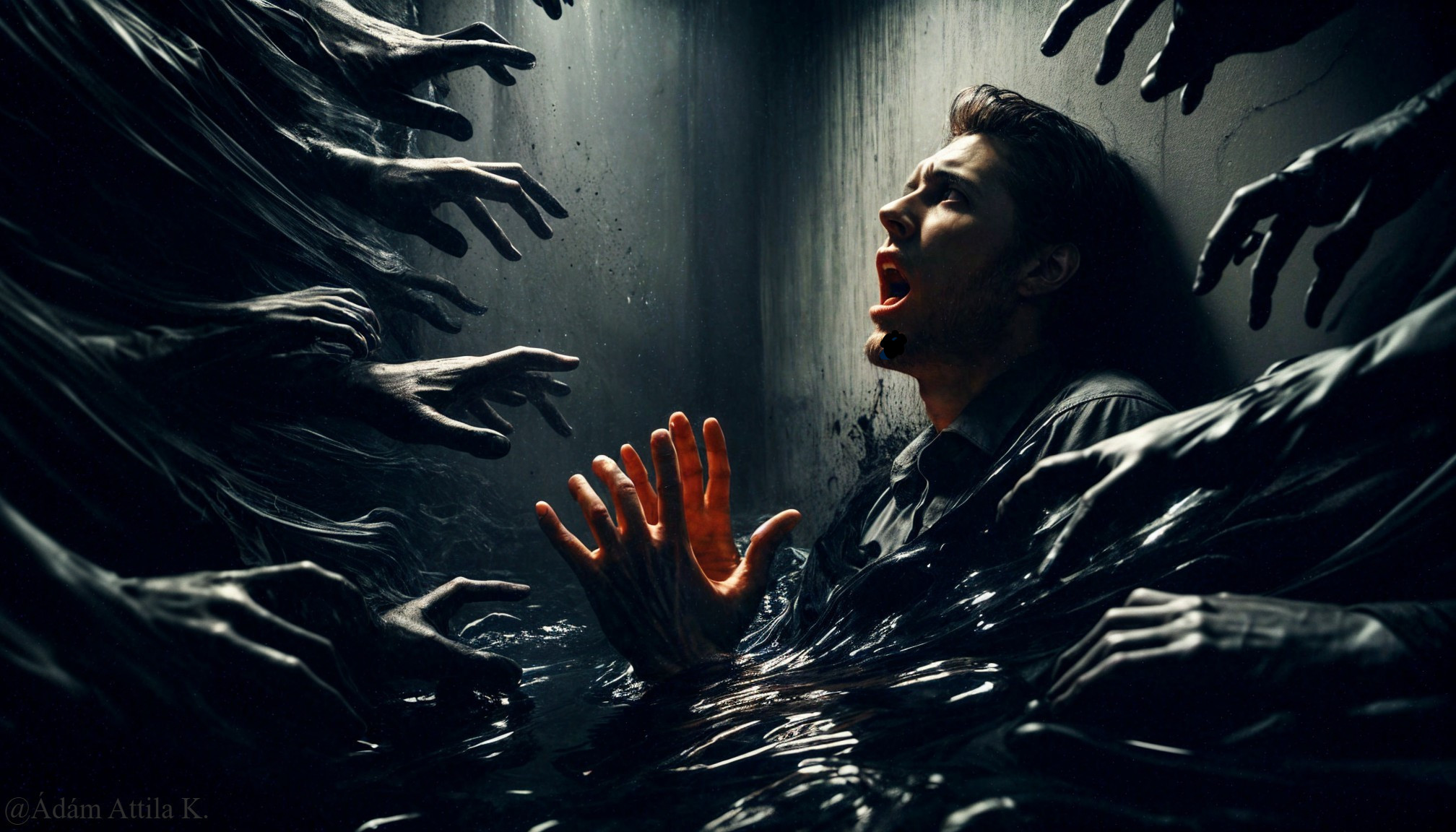 Desperate man in flooded room with eerie shadows