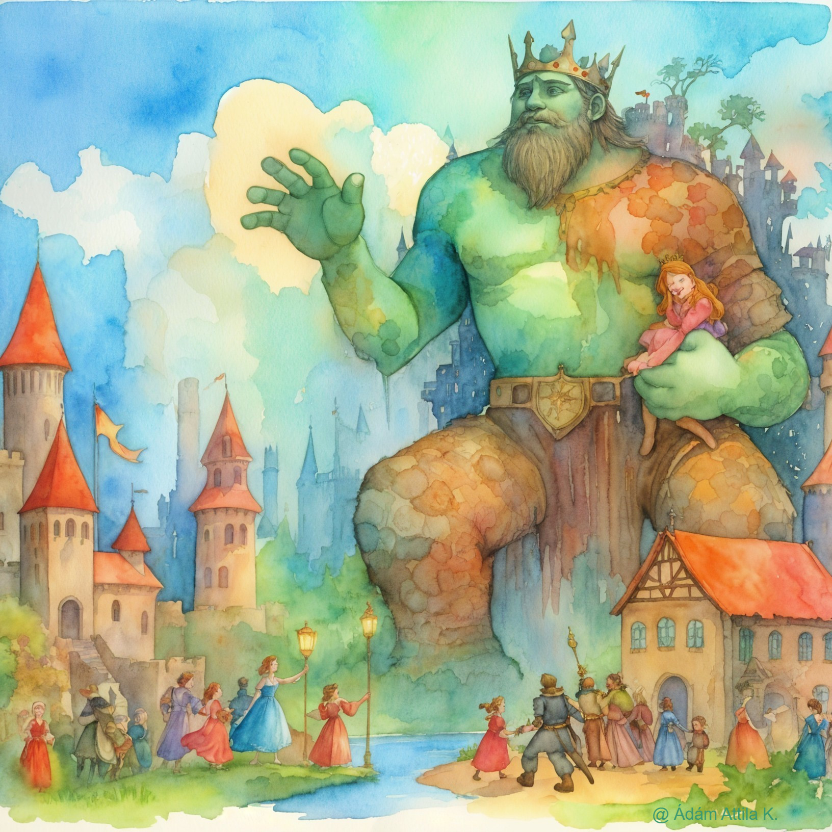Giant Green King and Princess in Medieval Village Scene