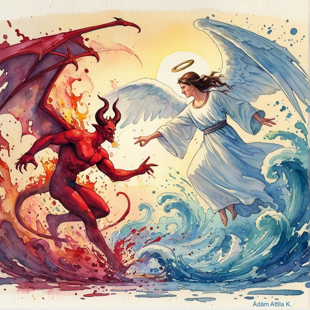 Dramatic Scene of Good vs. Evil in Watercolors