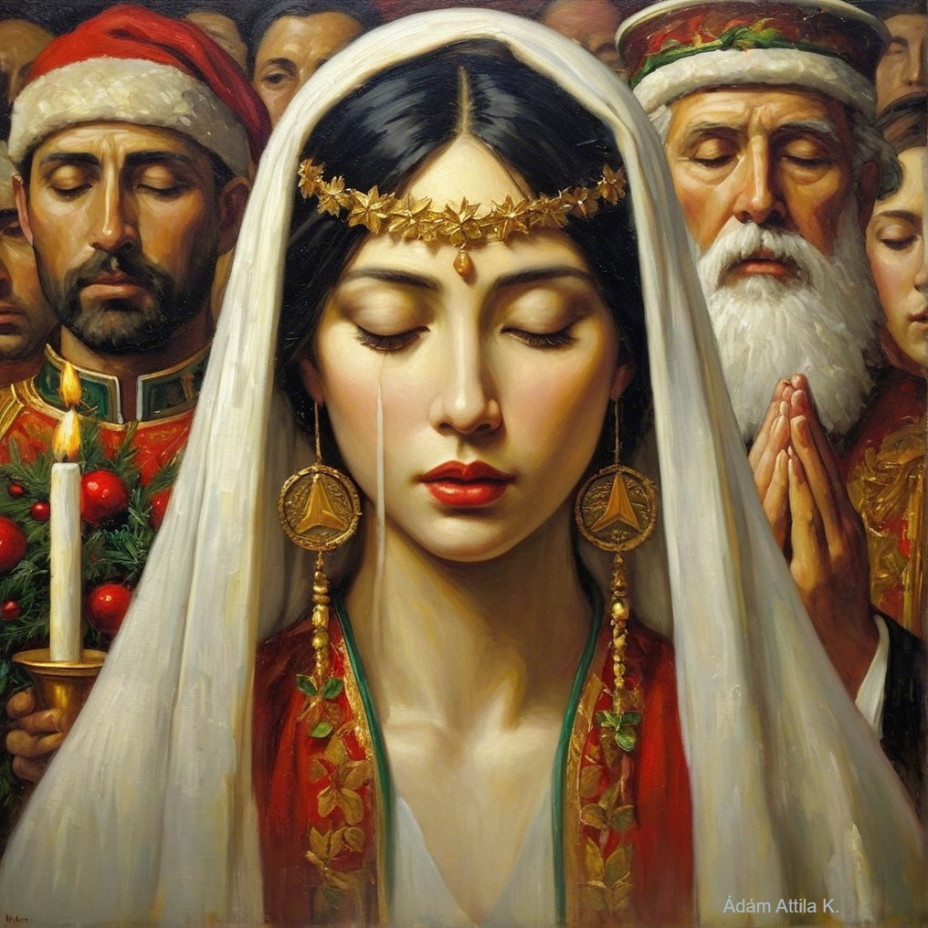 Solemn Woman in Traditional Attire Surrounded by Figures