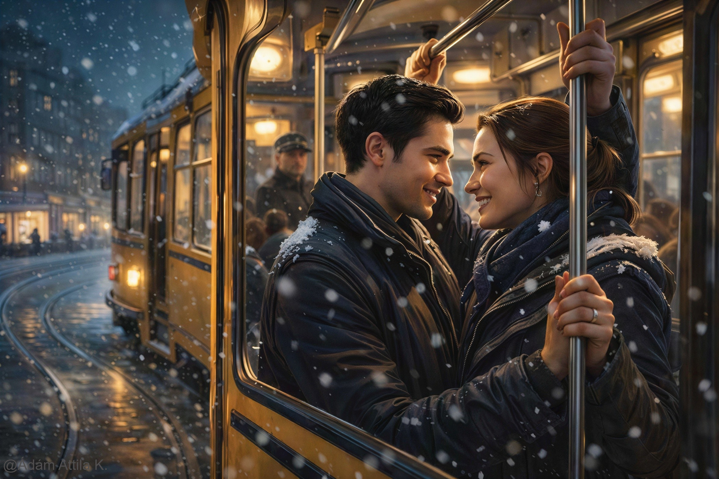 Cinematic Photograph of Couple in Vintage Yellow Tram