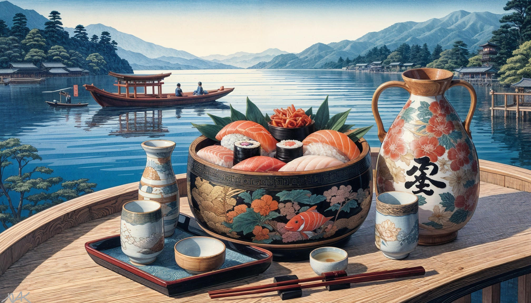 Colorful Sushi Bowl with Japanese Decor and Scenic View