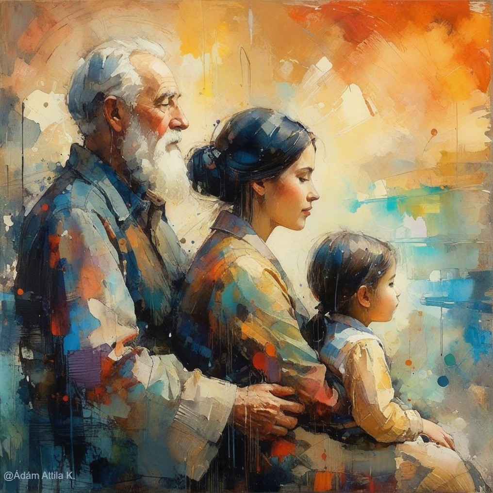 Family Portrait of Three Generations in Warm Colors