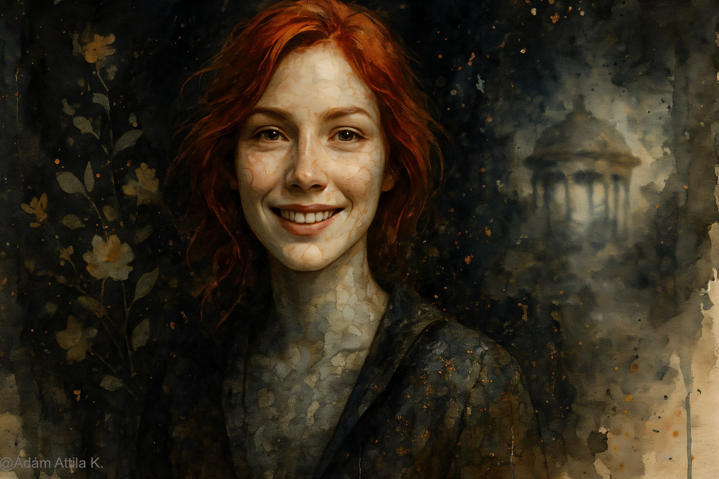 Portrait of a Woman with Red Hair and Floral Background