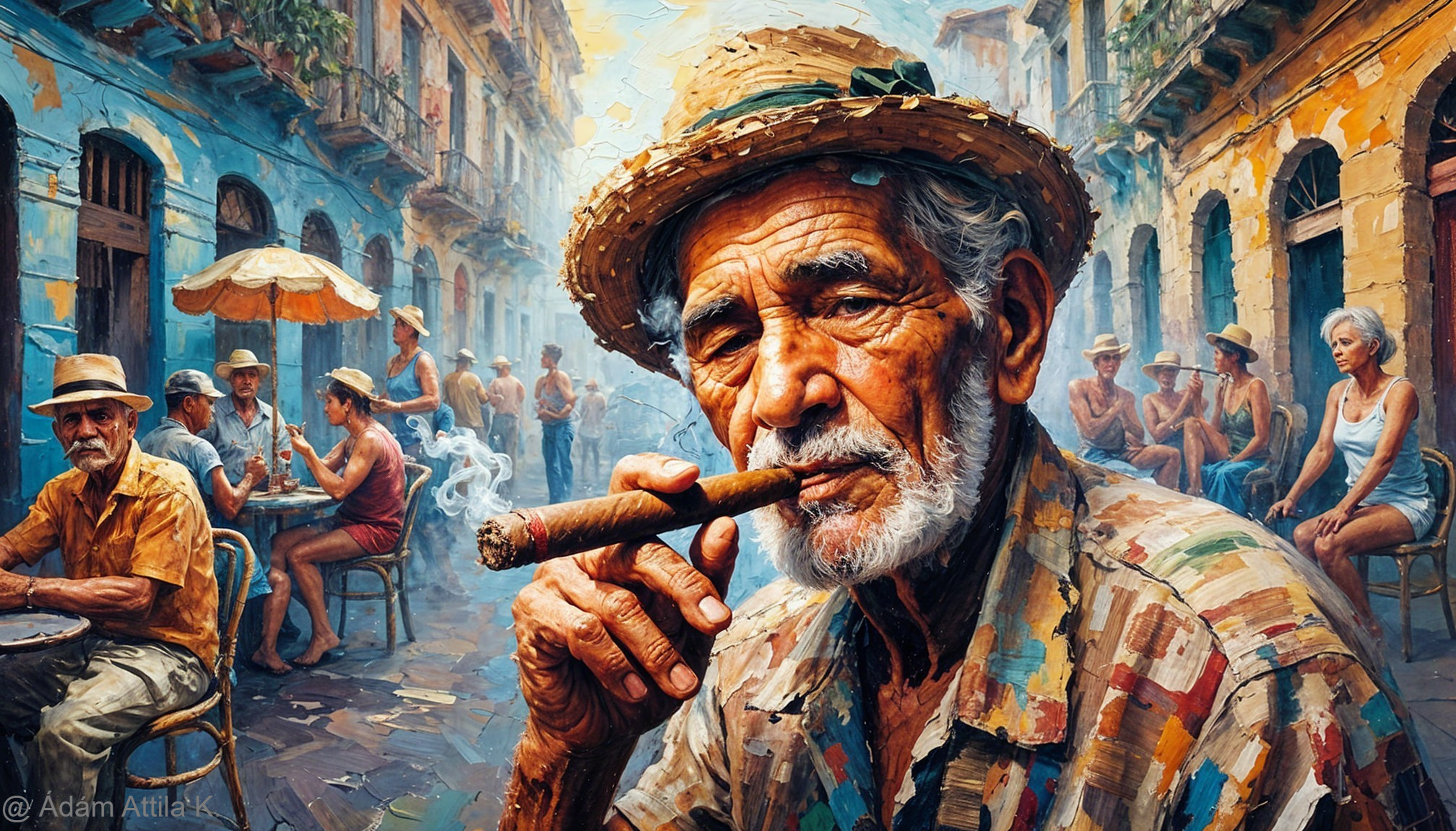 Elderly Man in Straw Hat Amidst Vibrant Street Scene