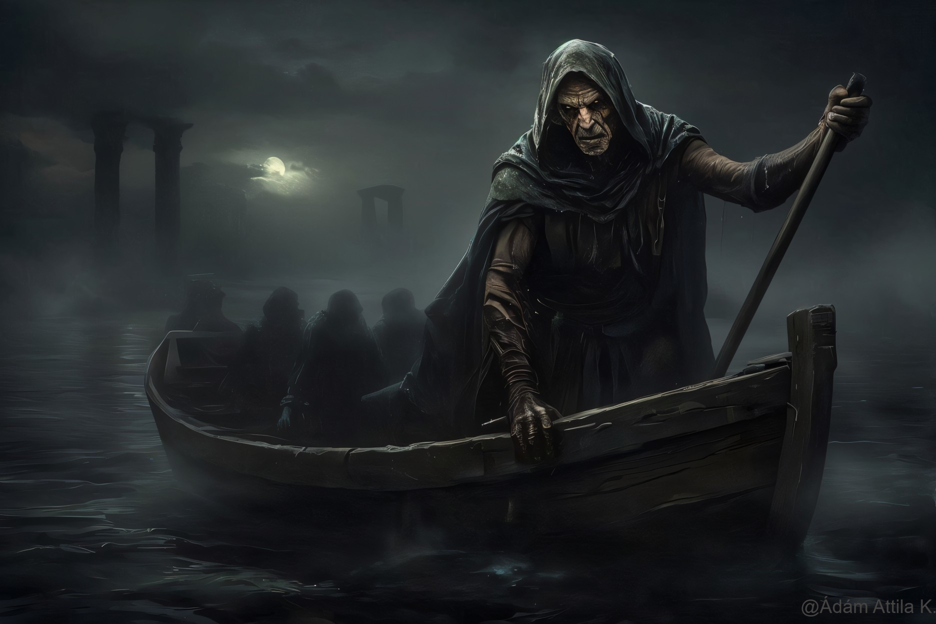 Old Man in Cloak Rows Boat on Dark Misty Water